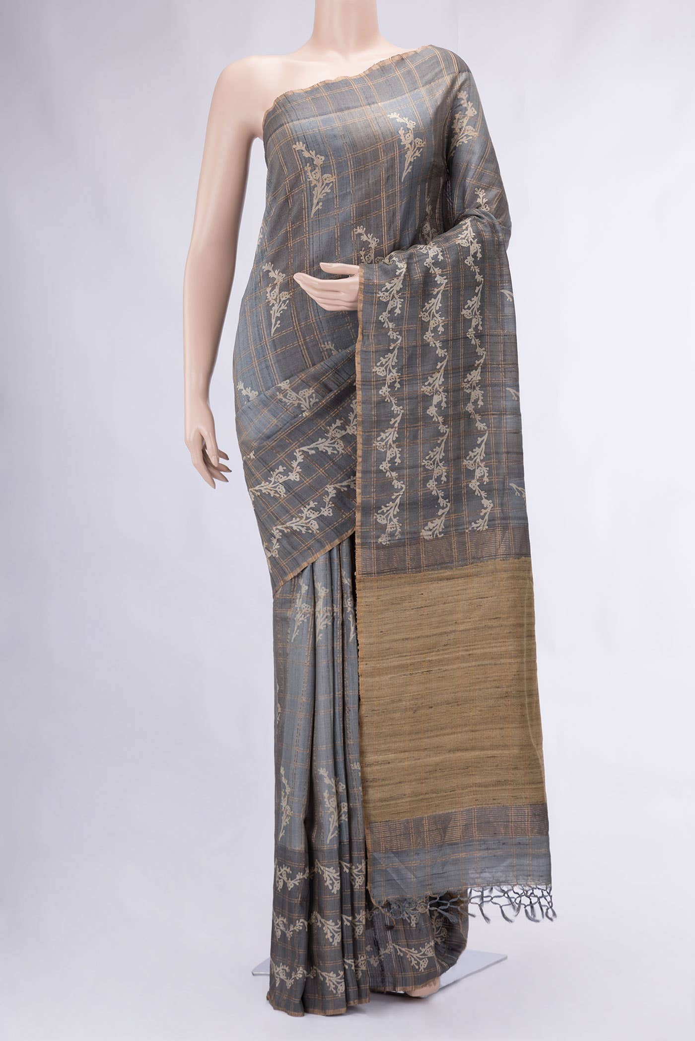 Grey Tussar Silk Saree