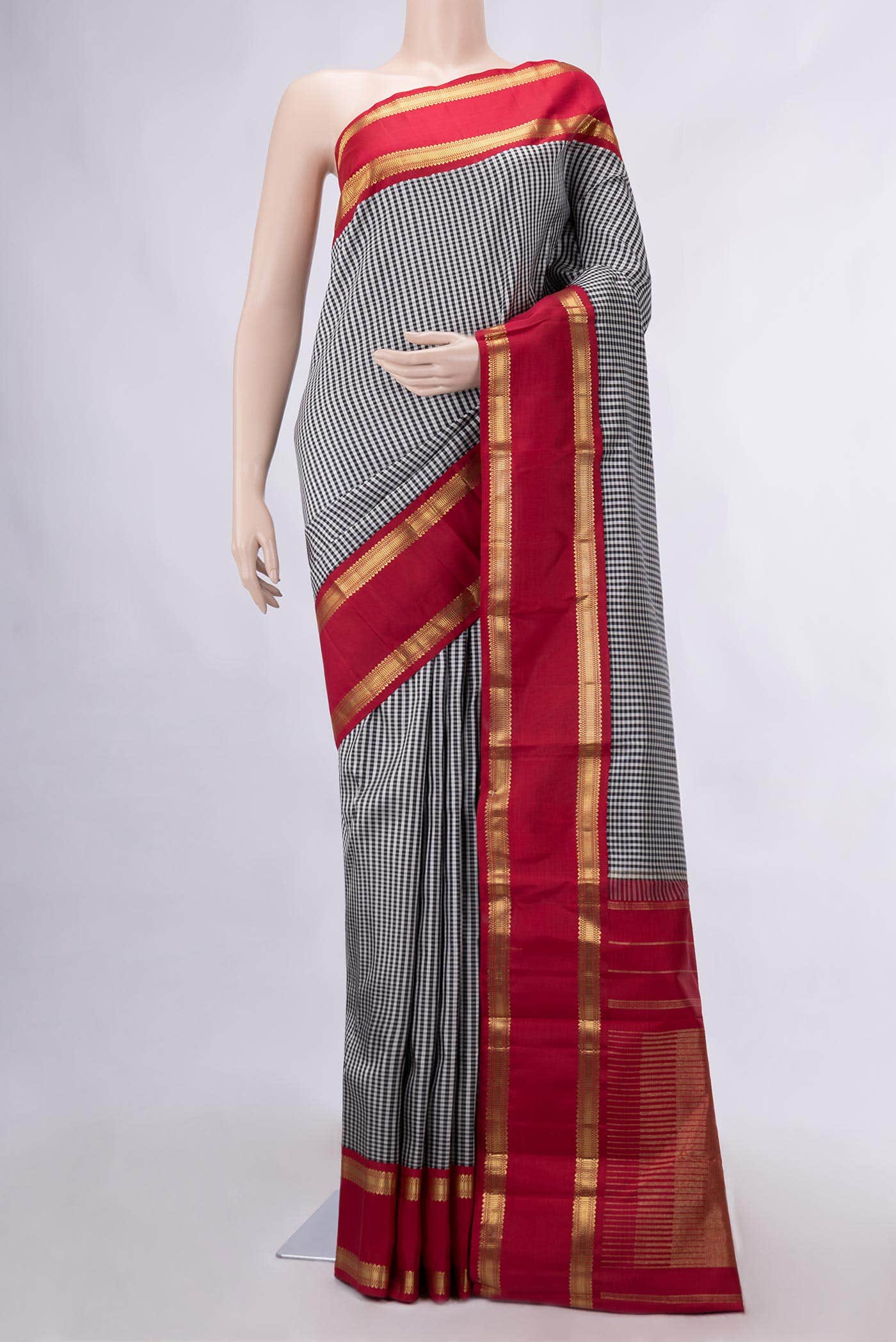 Pure Silk Pure Zari Black and White Dual Tone Kanchipuram Saree