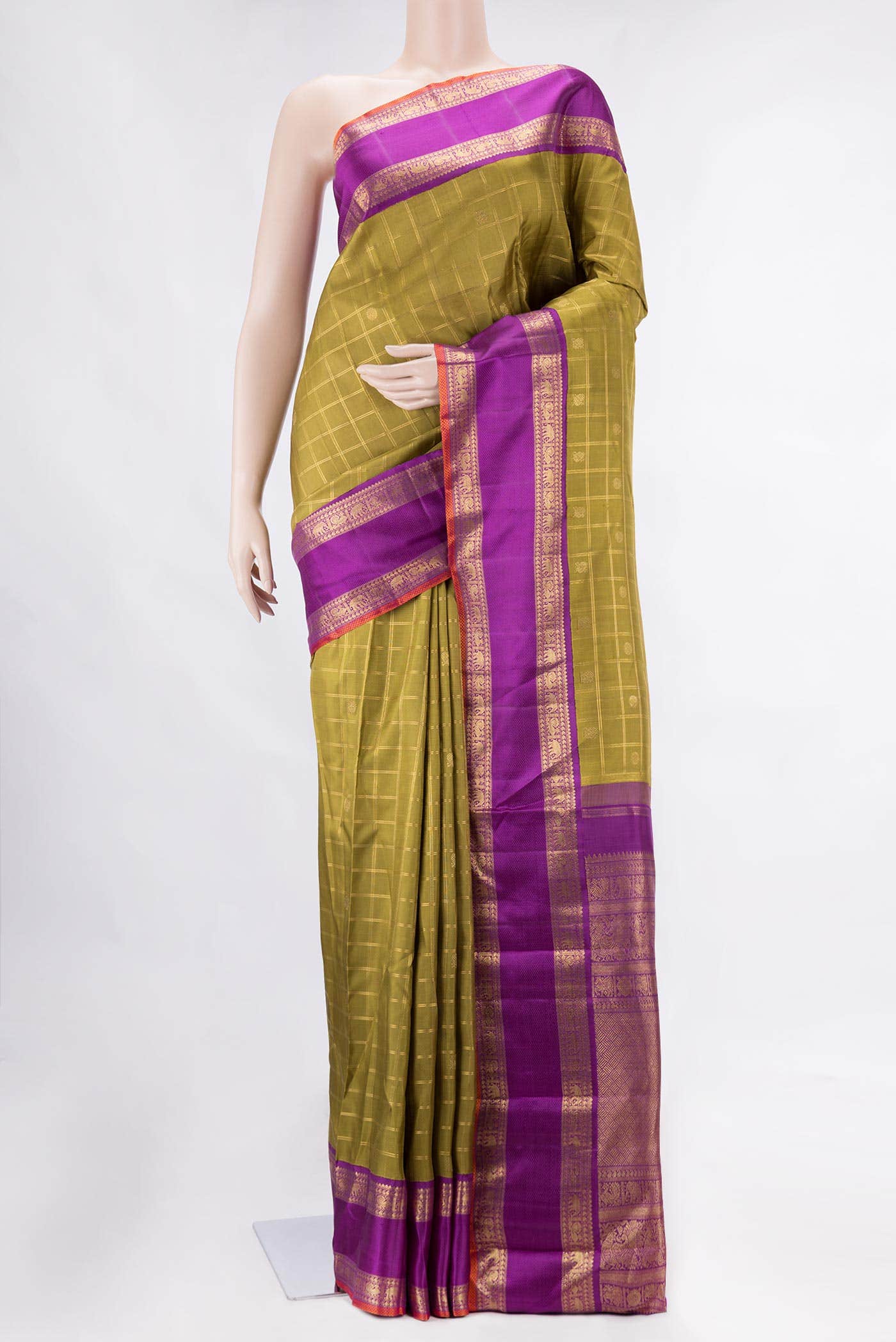 Pure Silk Pure Zari Mehandi Green Dual Tone Kanchipuram Saree