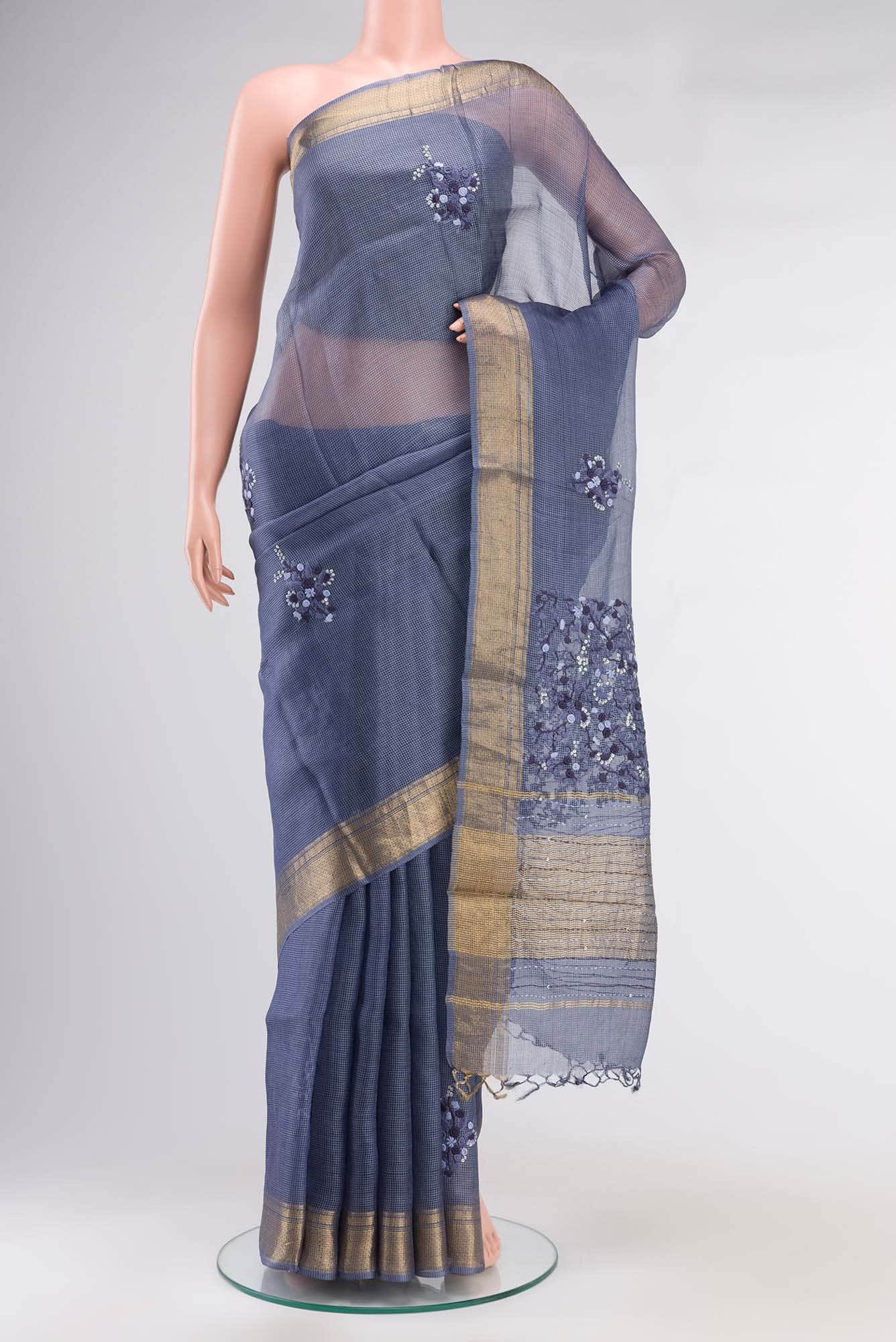 Blue Grey Kota Silk Saree