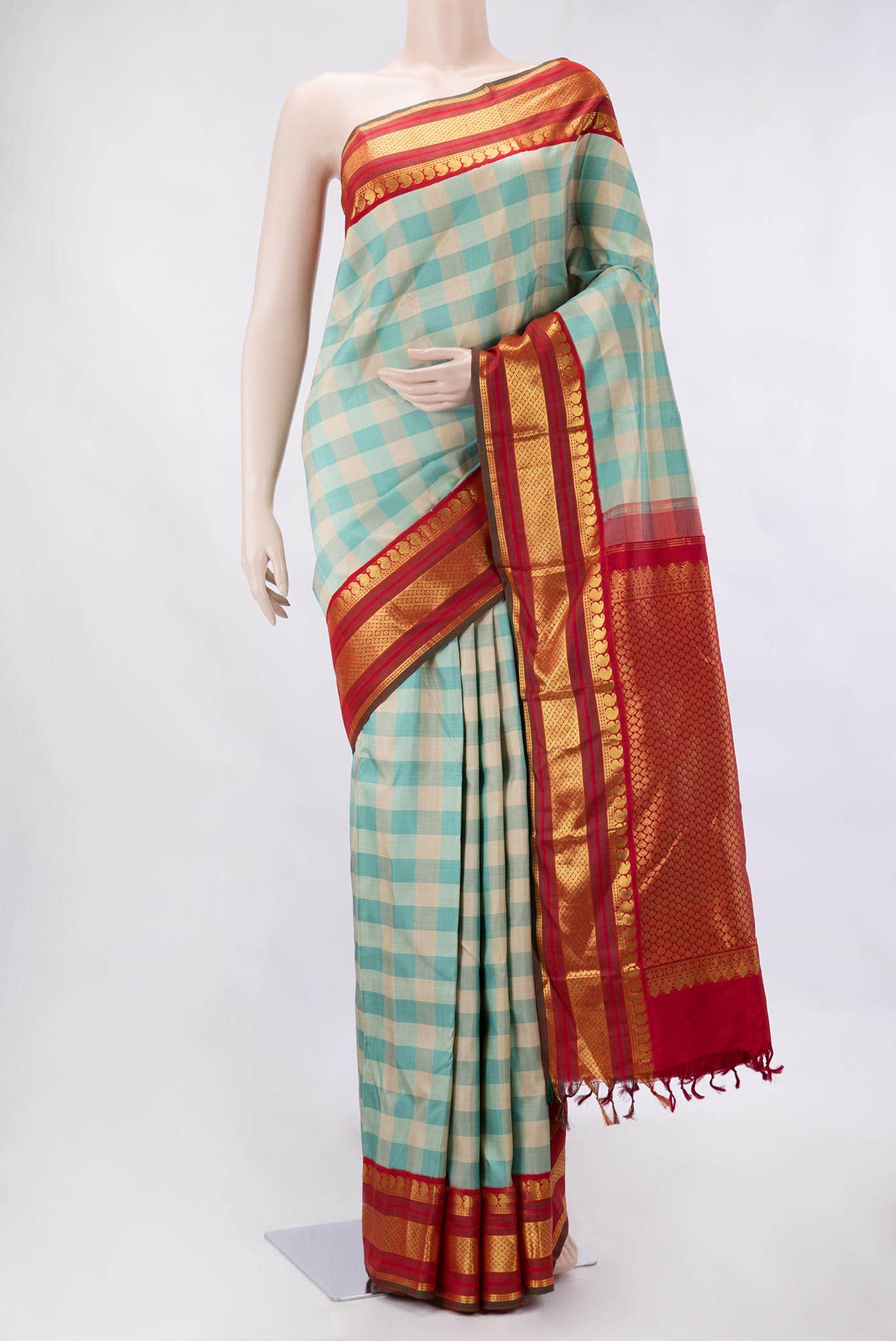 Pure Silk Pure Zari Beige and Sky Blue Dual Tone Kanchipuram Saree
