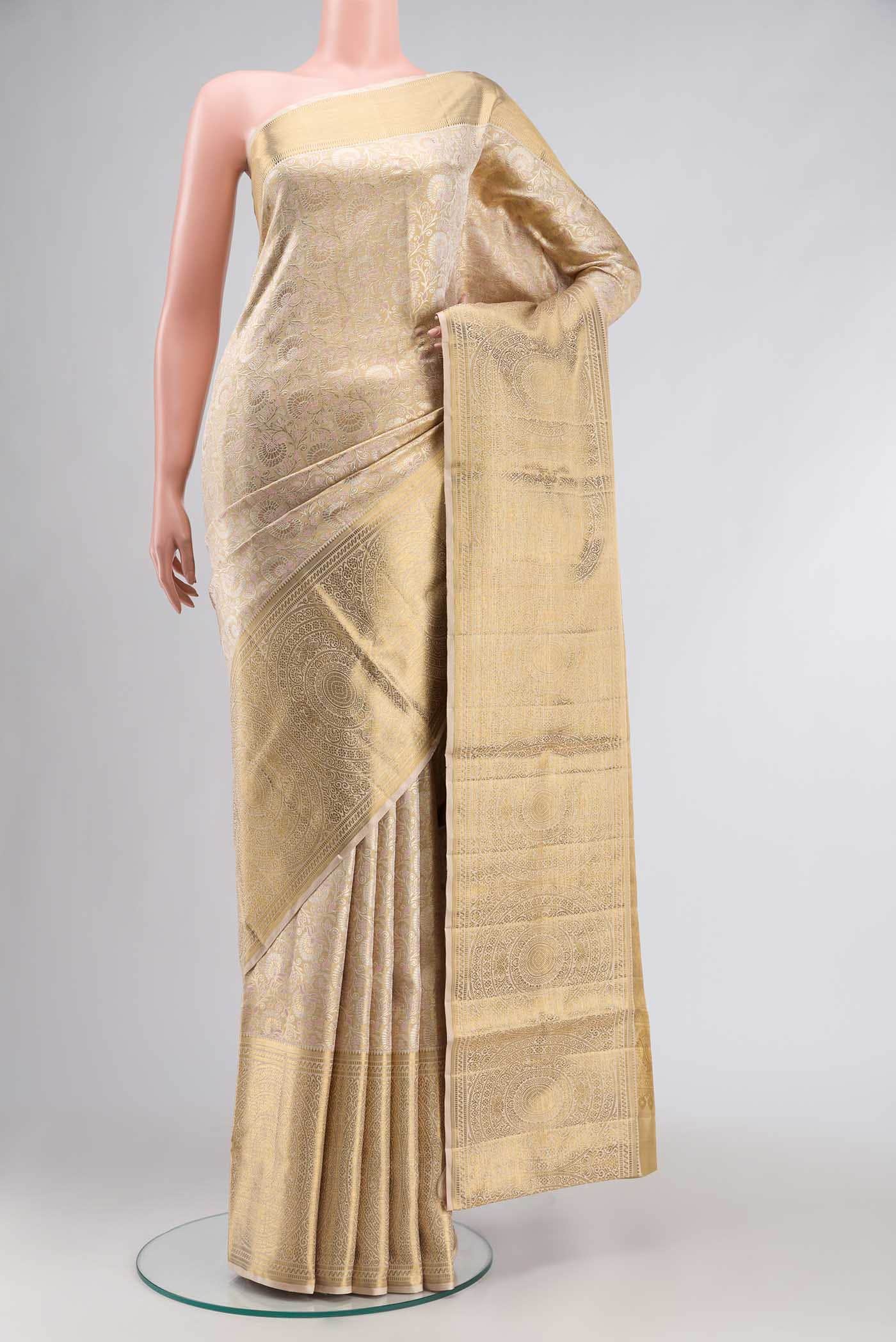 Beige with Gold Dual Tone Kanchipuram Tissue Silk Saree