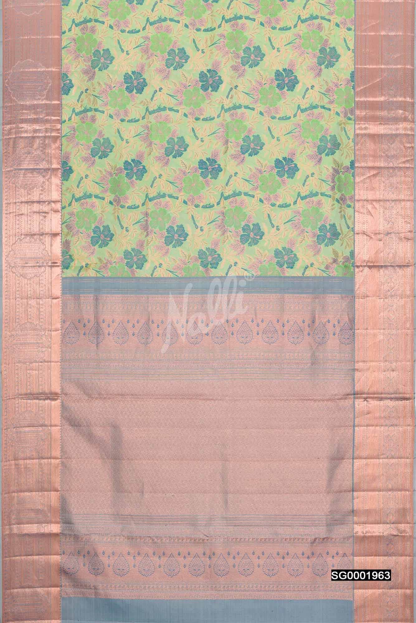 Sea Green,Green and Peach Kanchipuram Silk Saree