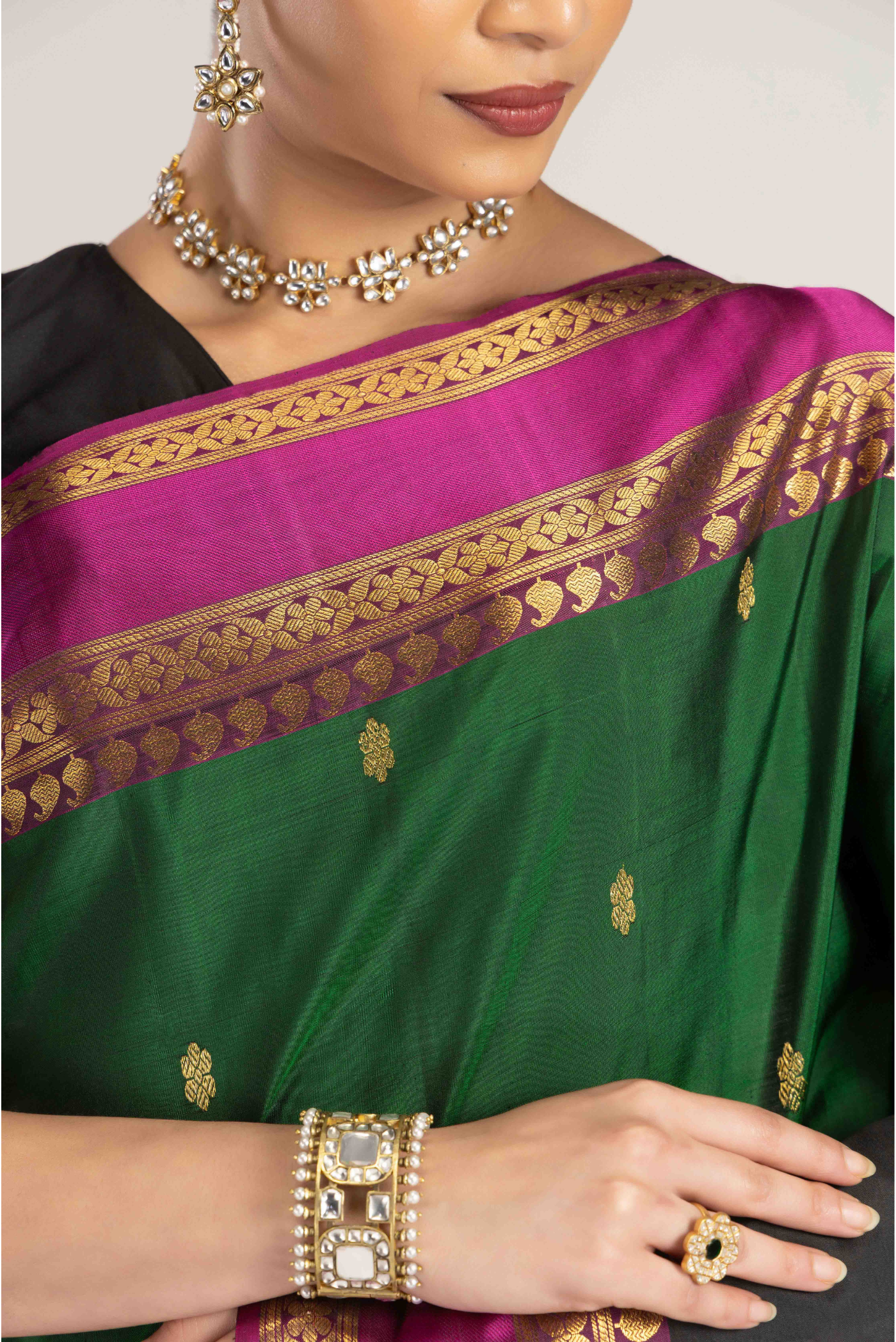 Rudraksha- Black with Green Half and Half Kanchipuram Silk Saree