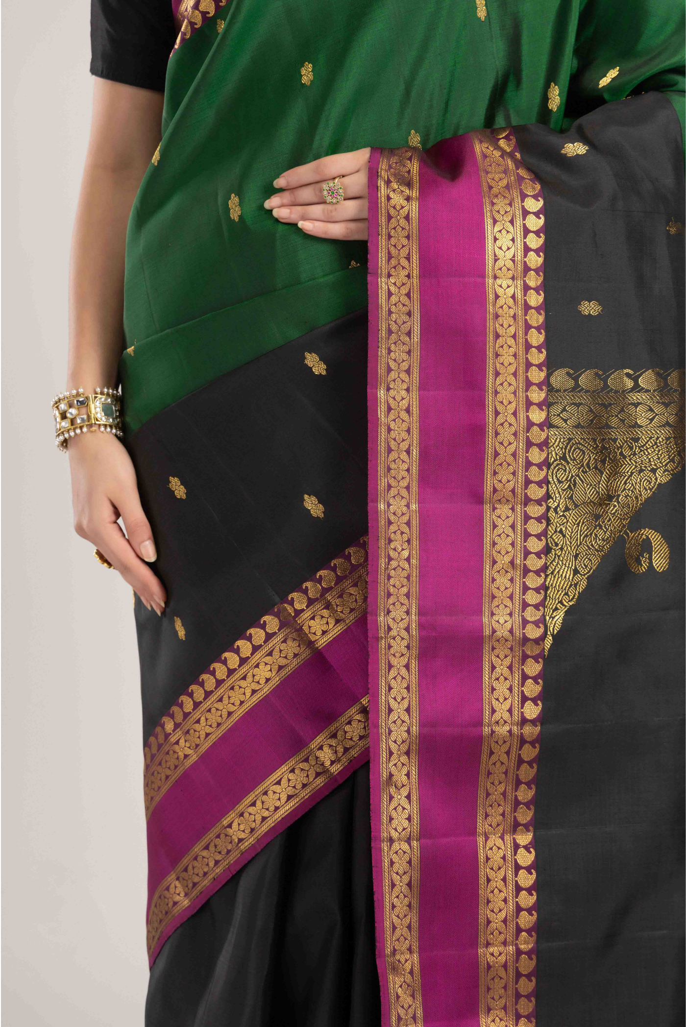 Rudraksha- Black with Green Half and Half Kanchipuram Silk Saree