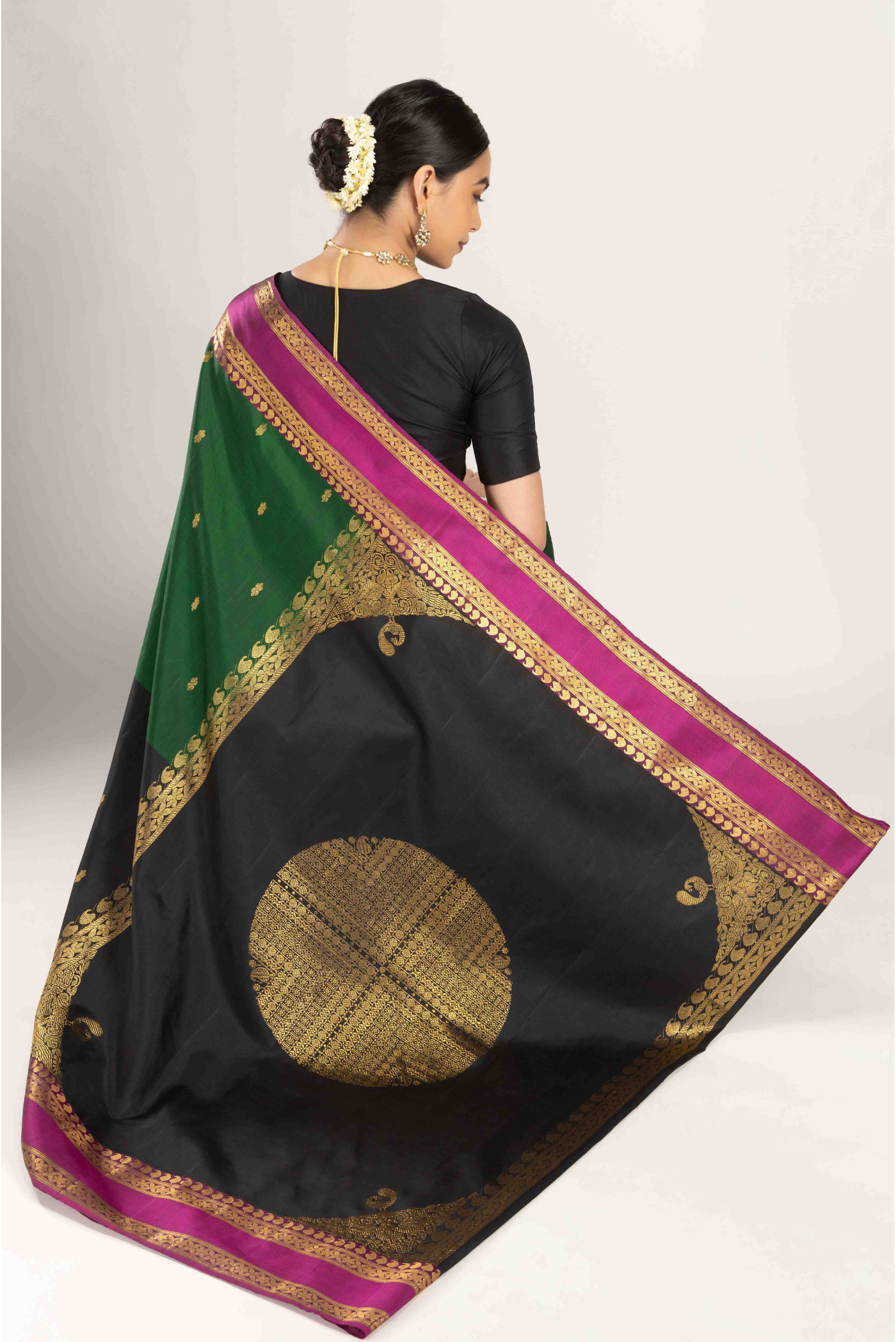 Rudraksha- Black with Green Half and Half Kanchipuram Silk Saree