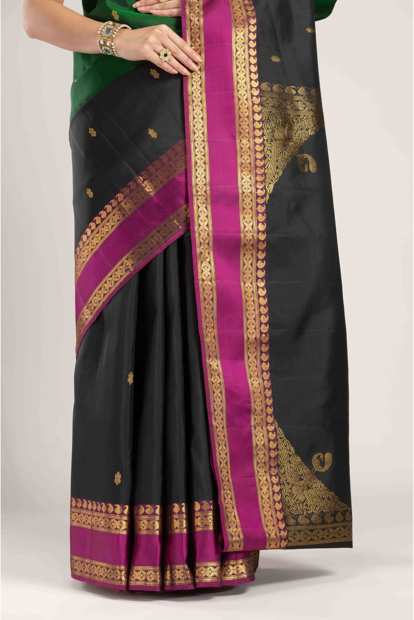 Rudraksha- Black with Green Half and Half Kanchipuram Silk Saree