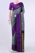 Grey Kanchipuram Saree with Jacquard With Zari Butta on the body and Thread Border displayed on a mannequin