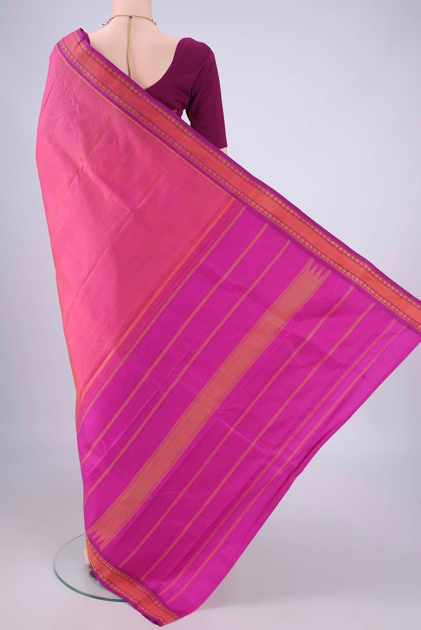 Flat view of Pink Dual Tone Kanjivaram Silk Saree with Checked design on the body and Thread Border. 
