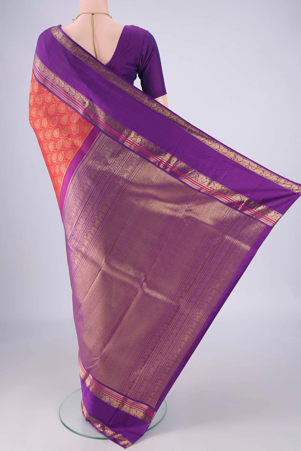 Flat view of Pure Silk Pure Zari Red Kanjivaram Saree with Zari Brocade on the body and Zari Border. 