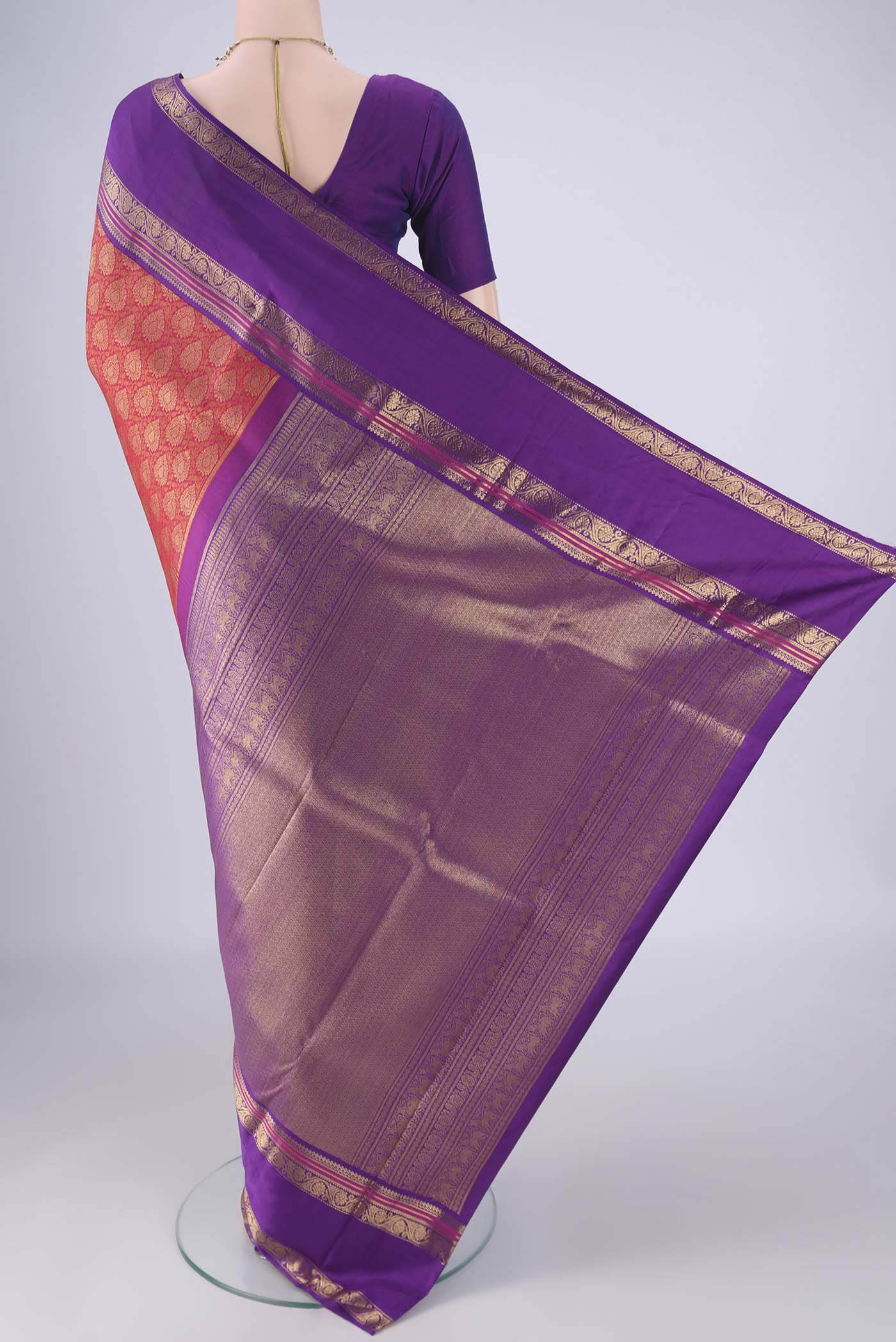 Flat view of Pure Silk Pure Zari Red Kanjivaram Saree with Zari Brocade on the body and Zari Border. 