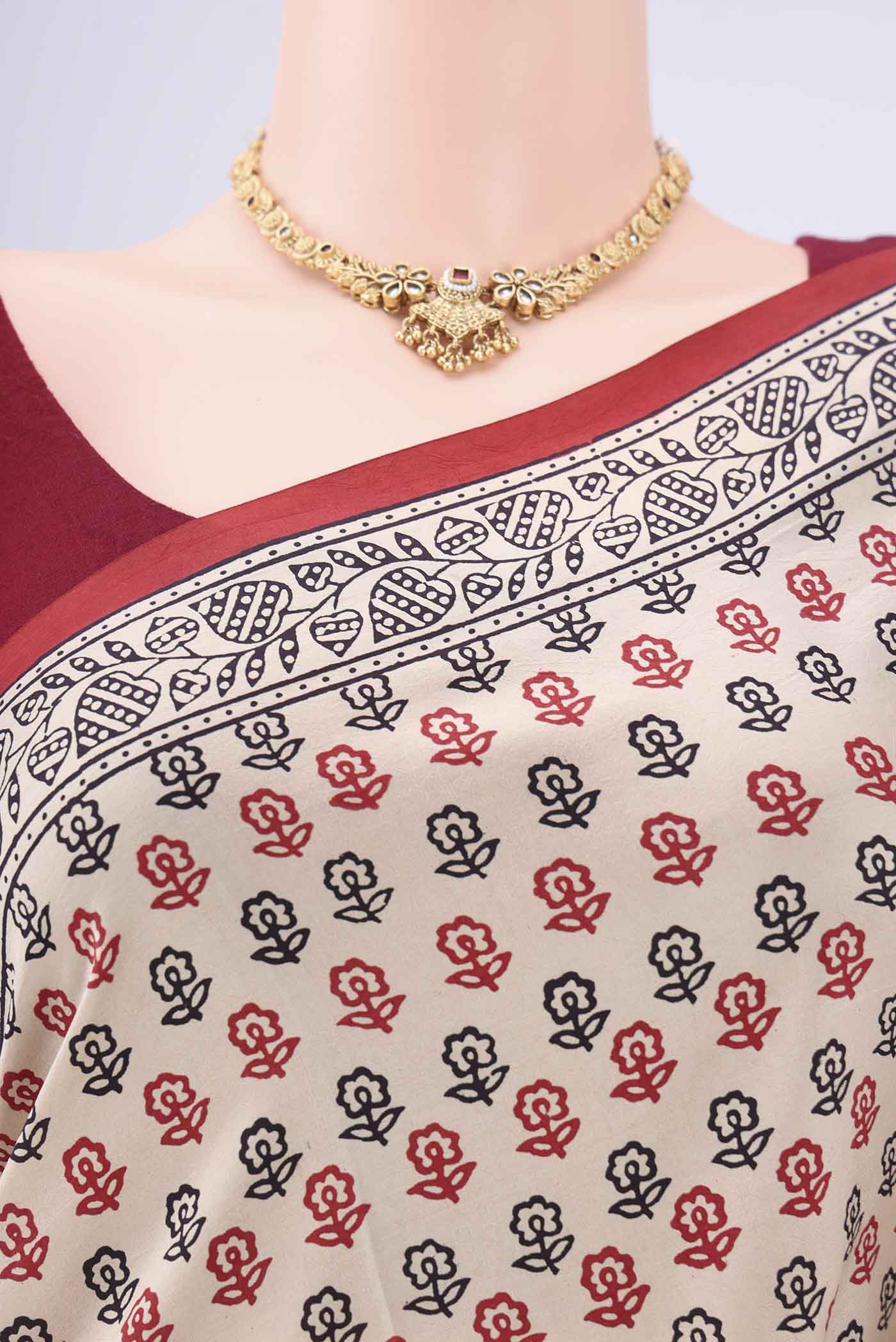 Border image of Beige Printed Silk Saree with Floral Print on the body and Printed Border. 