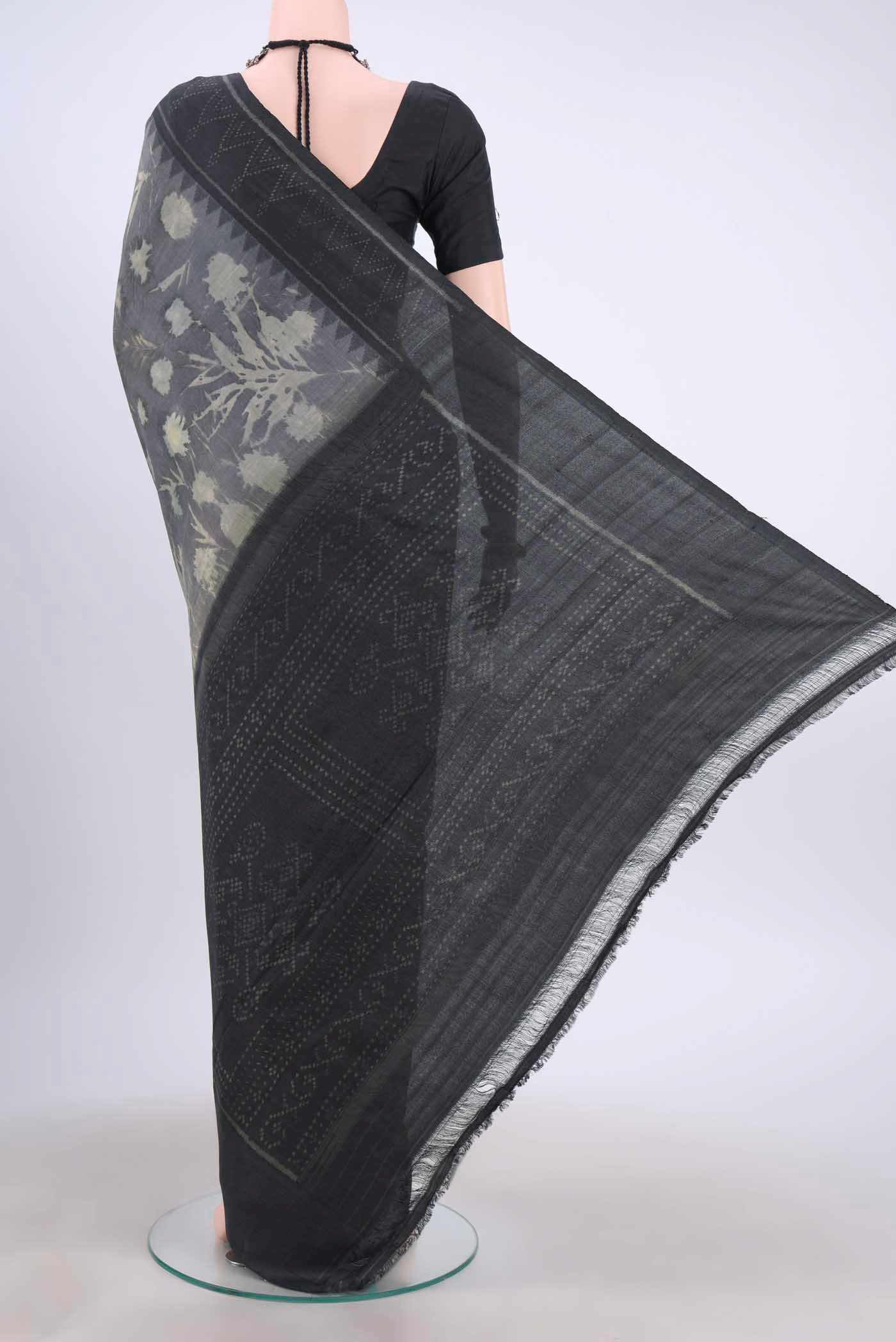 Flat view of Davys Grey Tussar Silk Saree with Ajrakh Print on the body and Printed Border