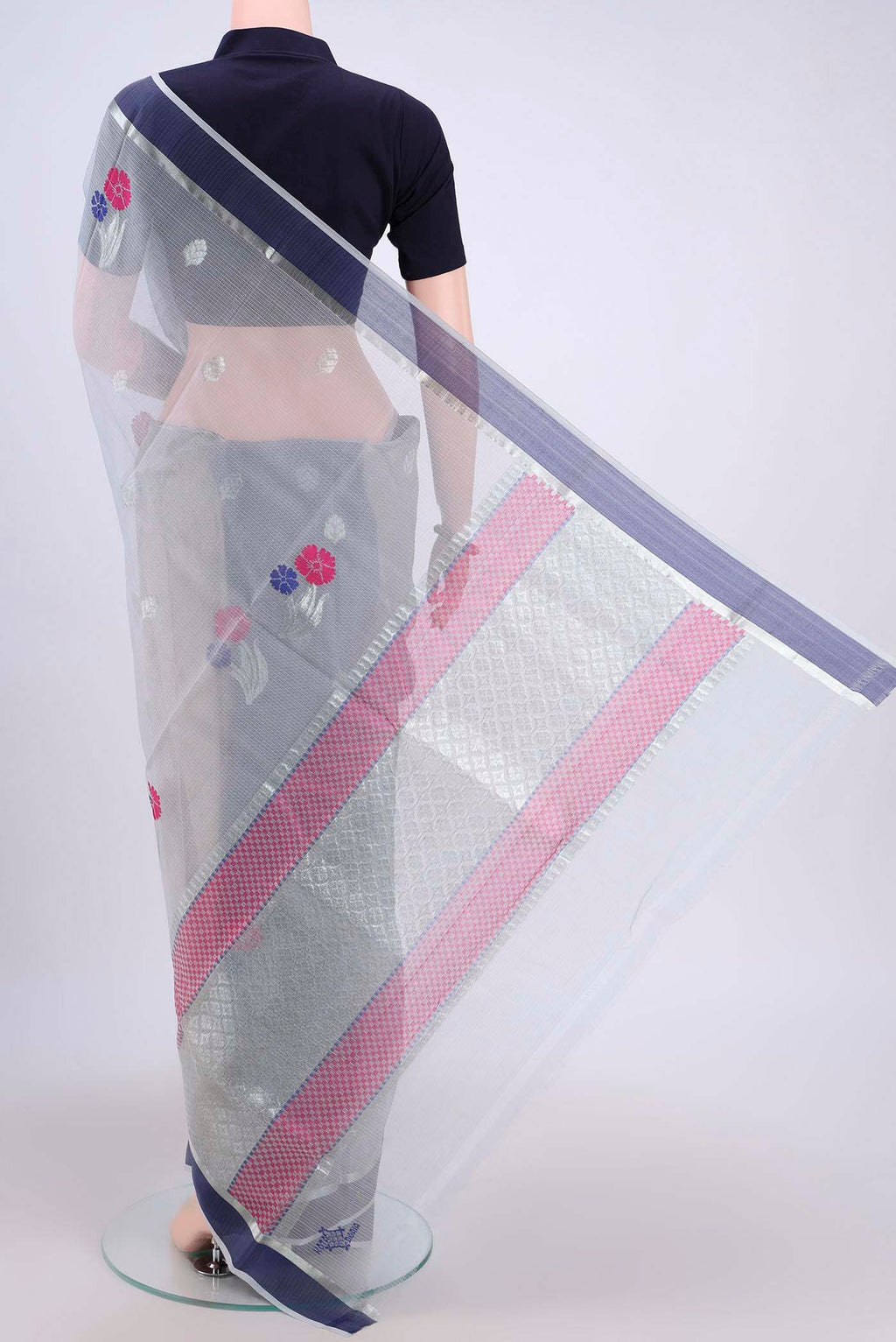 Flat view of Pure Silk Pure Zari Grey Kota Cotton Saree with Zari And Thread Butta on the body and Zari Border. 
