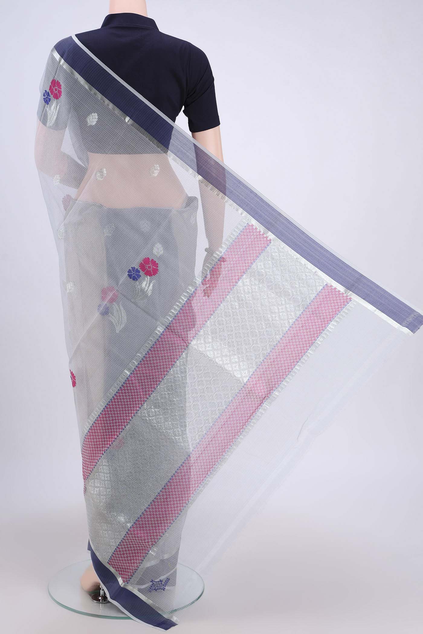 Flat view of Pure Silk Pure Zari Grey Kota Cotton Saree with Zari And Thread Butta on the body and Zari Border. 