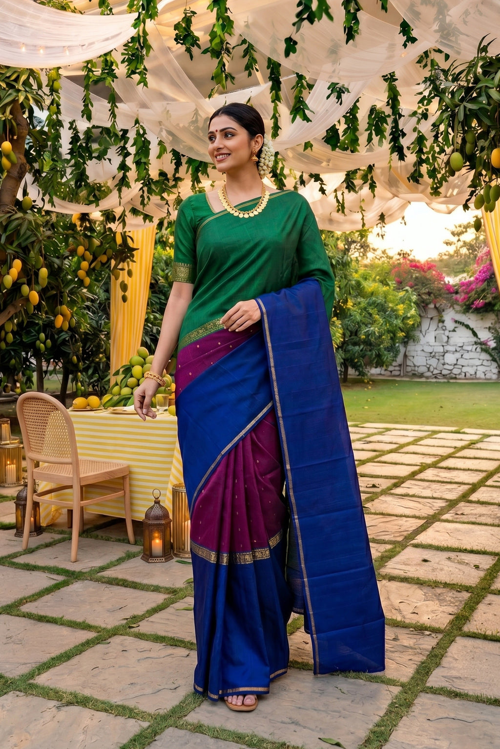 Model wearing a Magenta Kanchipuram Saree with Zari Butta on the body and Ganga Jamuna Border.