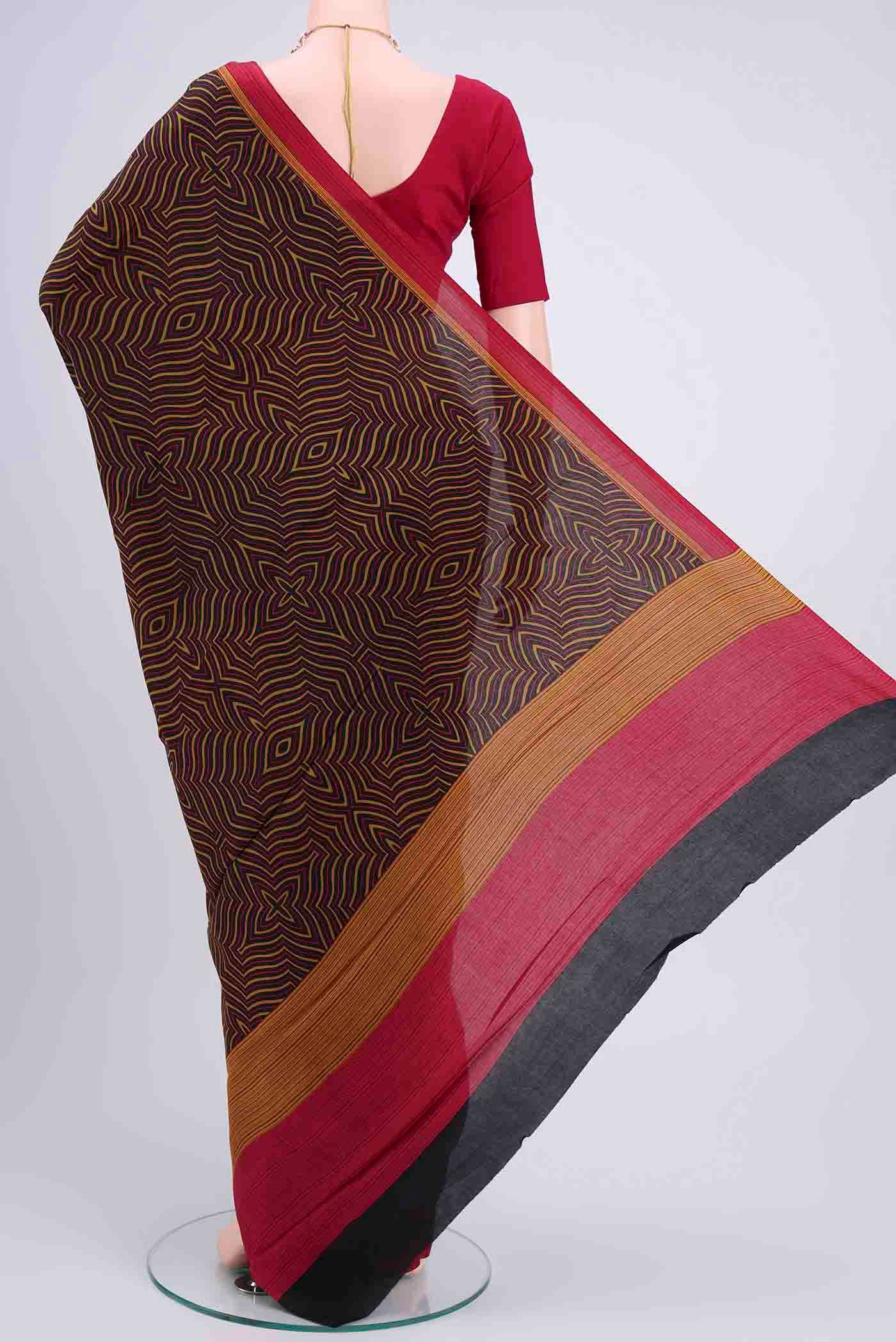 Flat view of Black Mysore Crepe Saree with Floral Print on the body and Printed Border