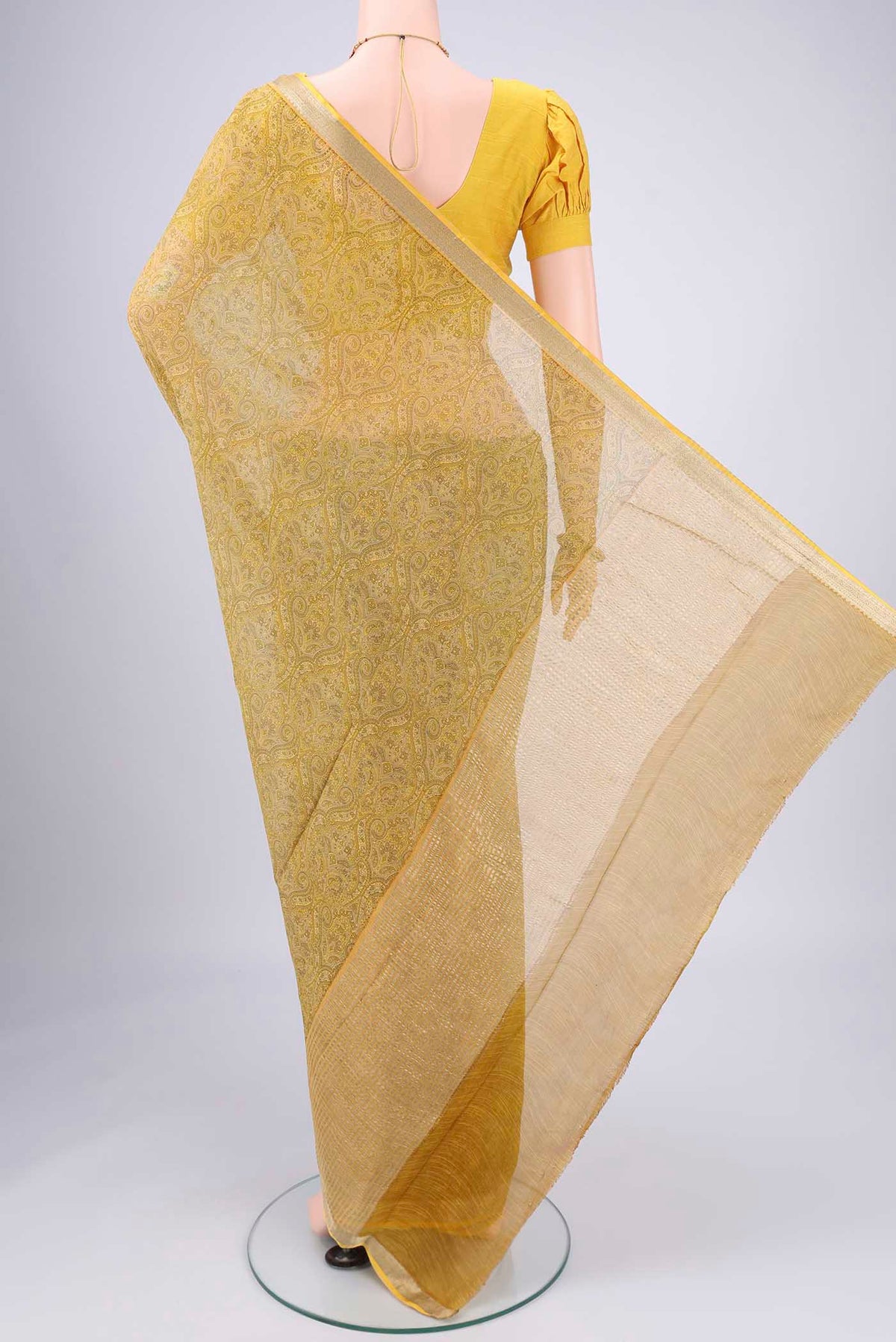 Flat view of Light Green Mysore Chiffon Saree with Floral Print on the body and Zari Border. 