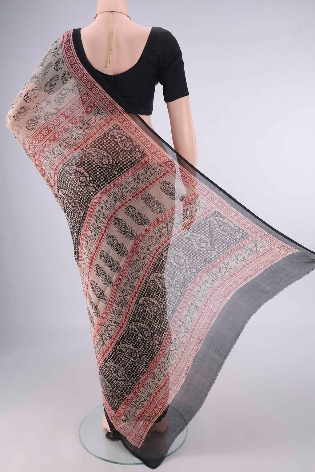 Flat view of Beige Mysore Chiffon Saree with Floral Print on the body and Printed Border. 