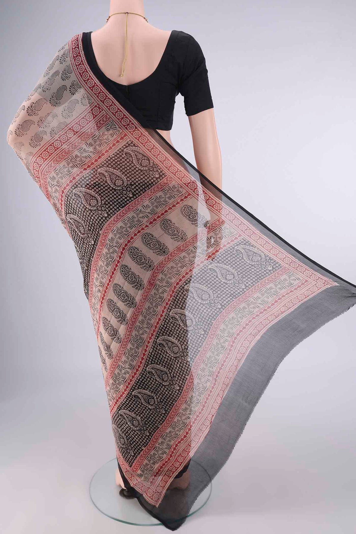 Flat view of Beige Mysore Chiffon Saree with Floral Print on the body and Printed Border. 