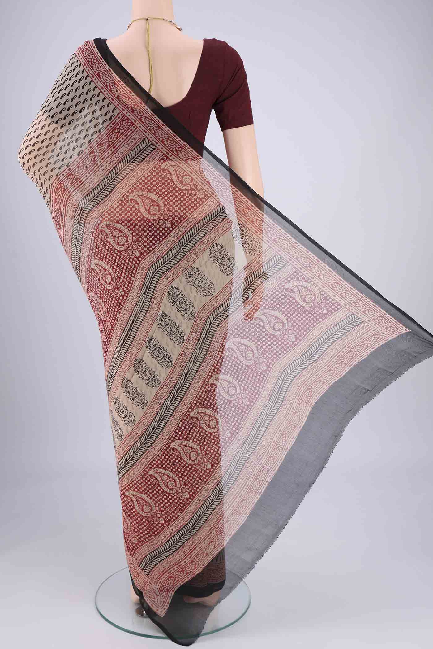 Flat view of Beige Mysore Chiffon Saree with Floral Print on the body and Printed Border. 