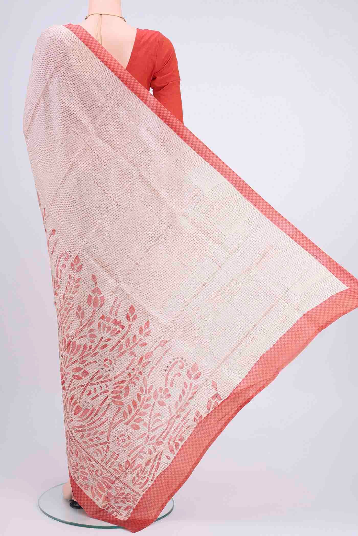 Flat view of Off White Printed Silk Saree with Embroidery on the body and Zari Border