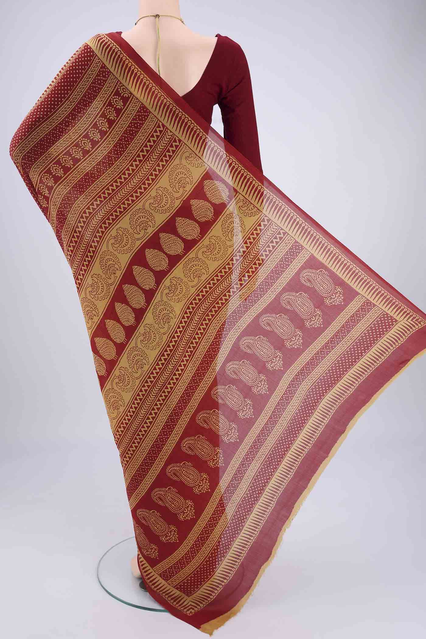 Flat view of Mustard Mysore Chiffon Saree with Floral Print on the body and Printed Border. 