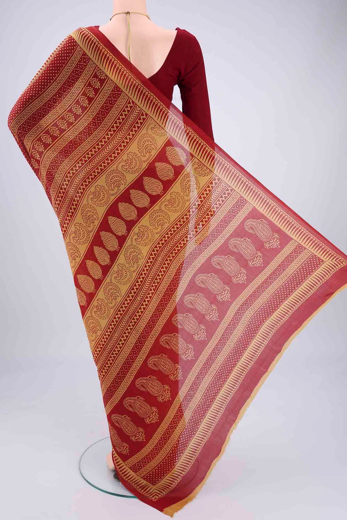 Flat view of Mustard Mysore Chiffon Saree with Floral Print on the body and Printed Border. 