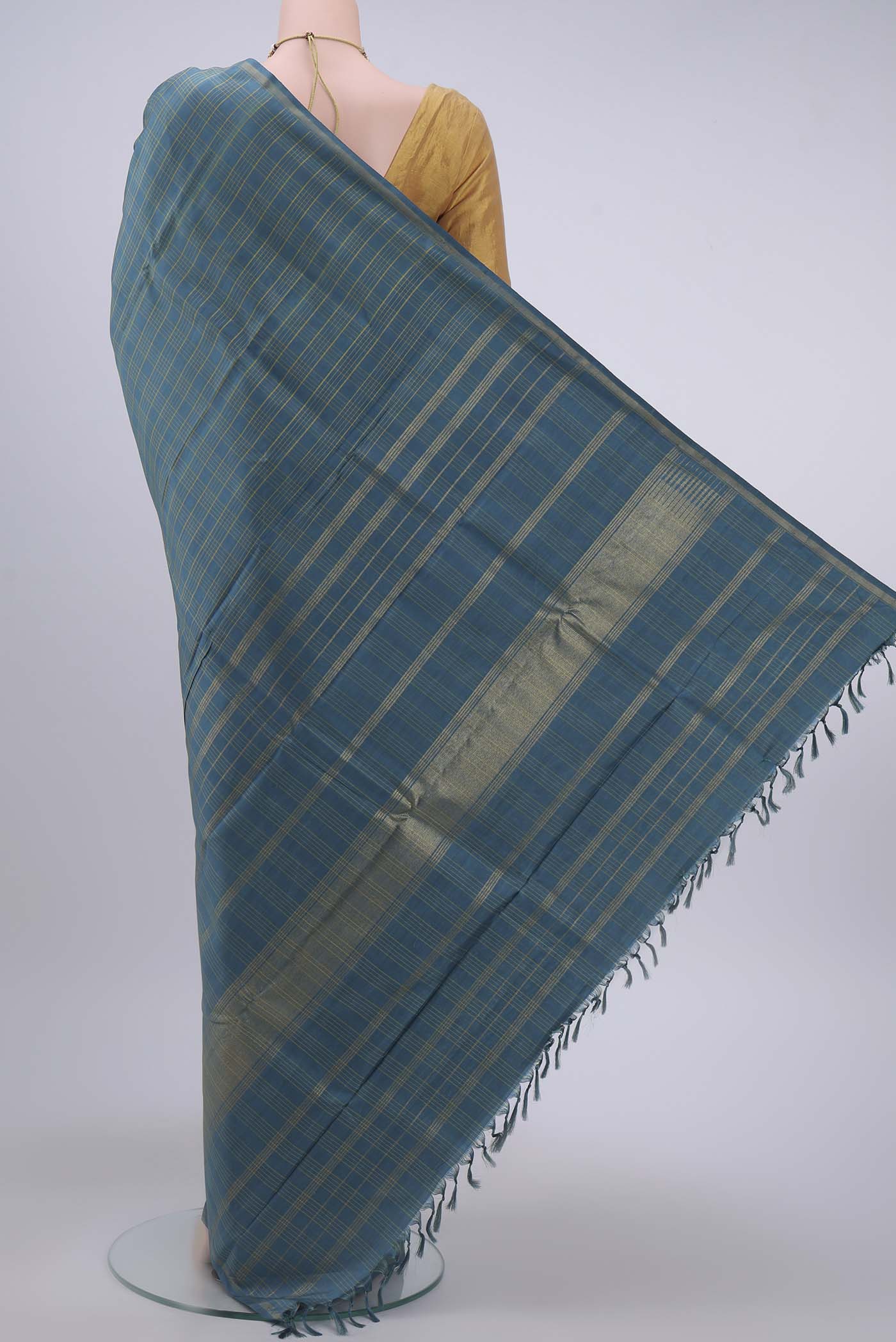 Flat view of Pure Silk Pure Zari Light Blue Kanchipuram Saree with Checked design on the body and Zari Border