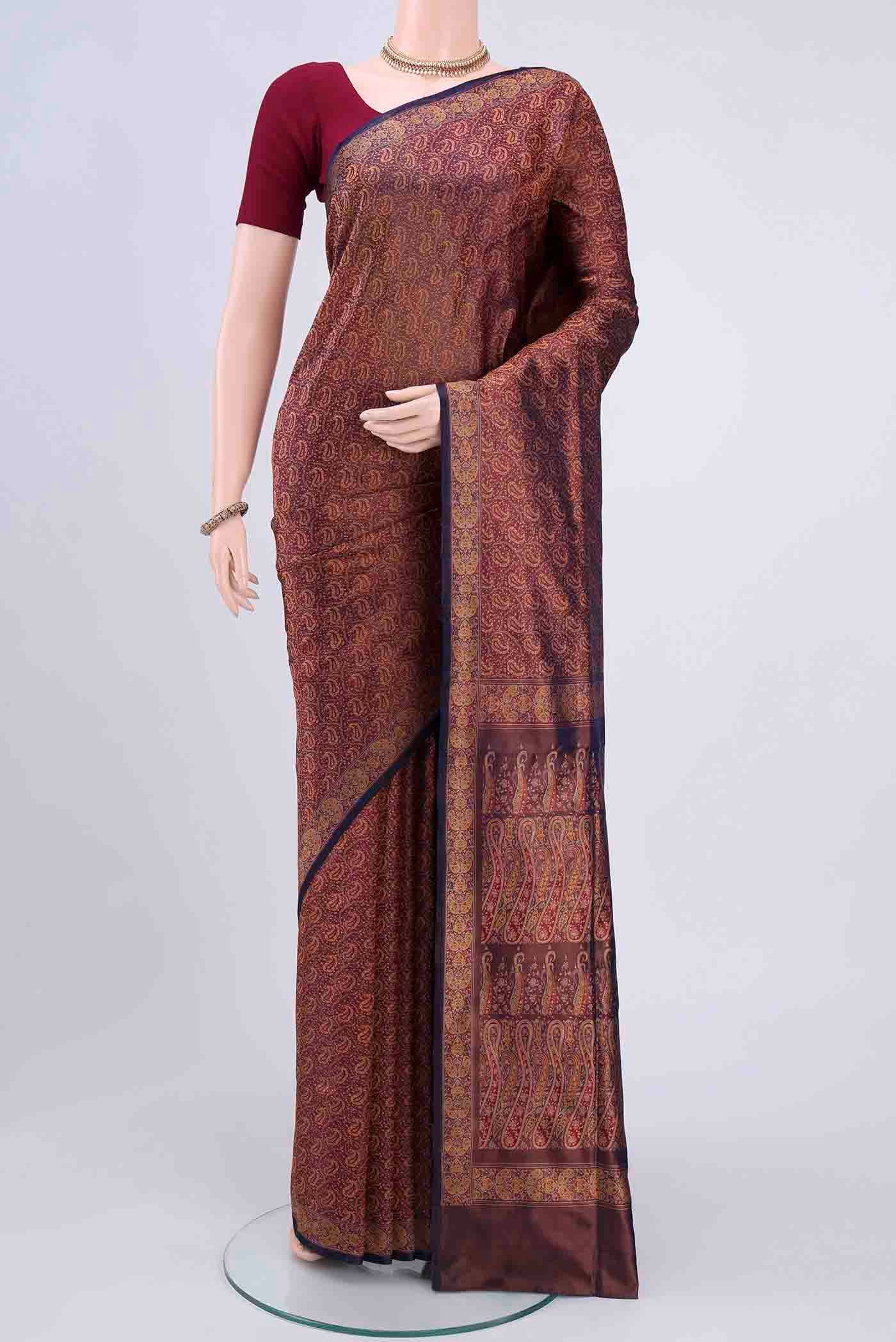 Purple Banarasi Tanchoi Silk Saree with Thread Brocade on the body and Thread Border displayed on a mannequin