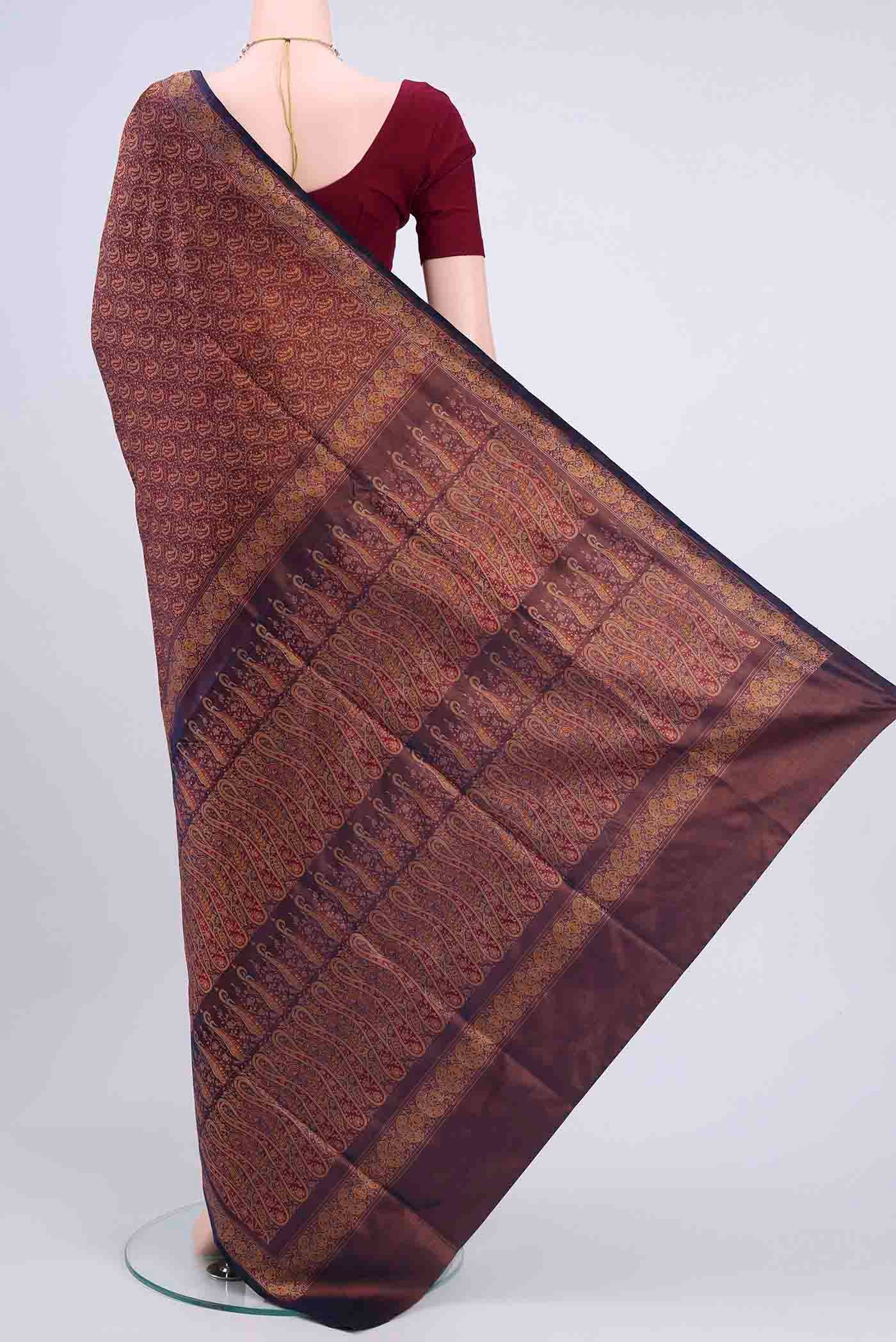 Flat view of Purple Banarasi Tanchoi Silk Saree with Thread Brocade on the body and Thread Border