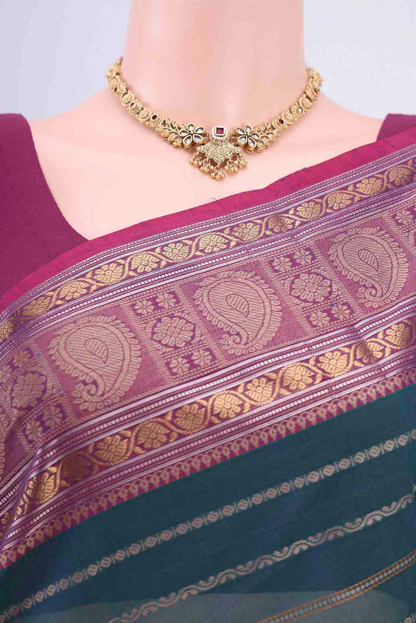 Border image of Blue Kanchi Cotton Saree with Stripes on the body and Zari And Thread Border