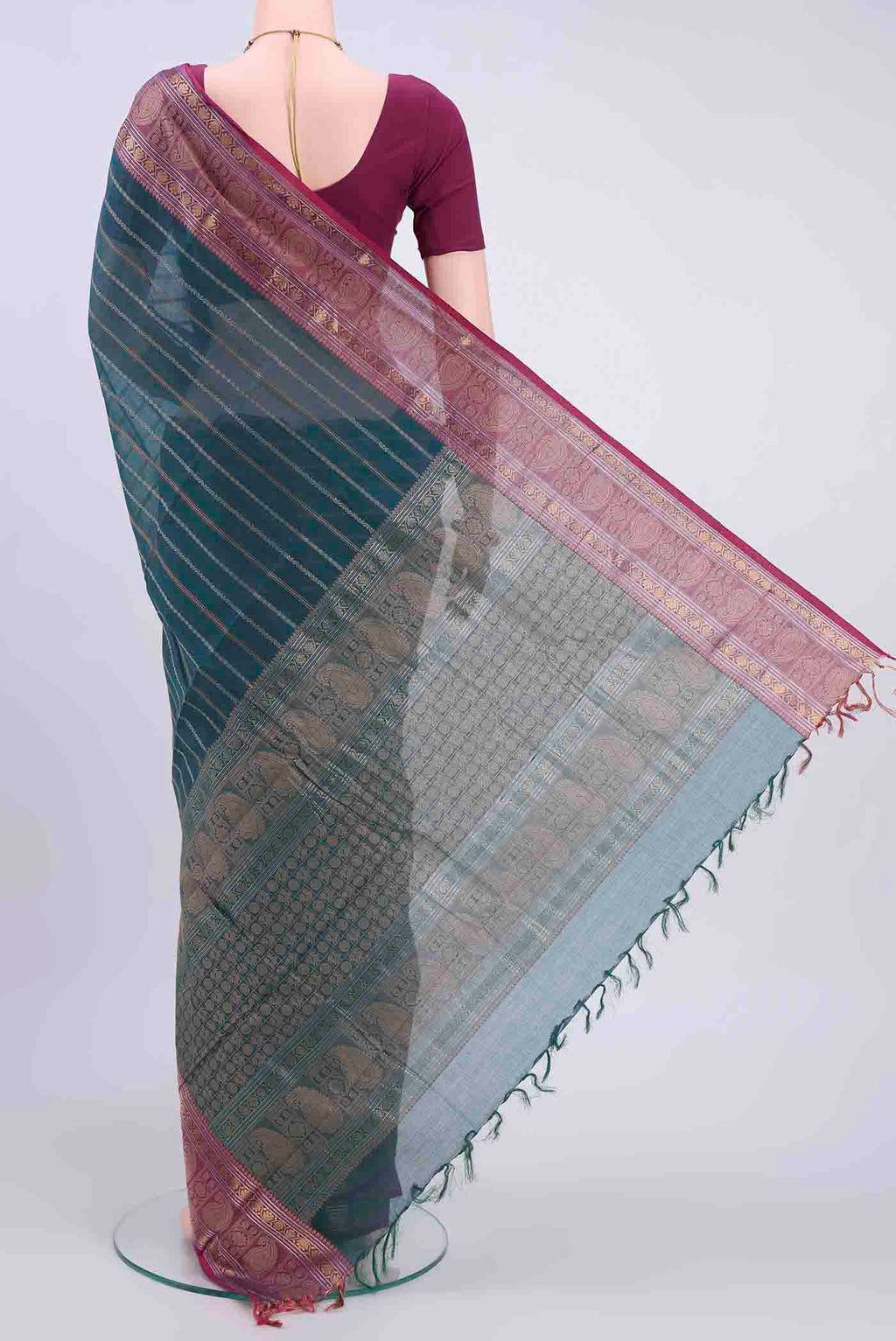 Flat view of Blue Kanchi Cotton Saree with Stripes on the body and Zari And Thread Border
