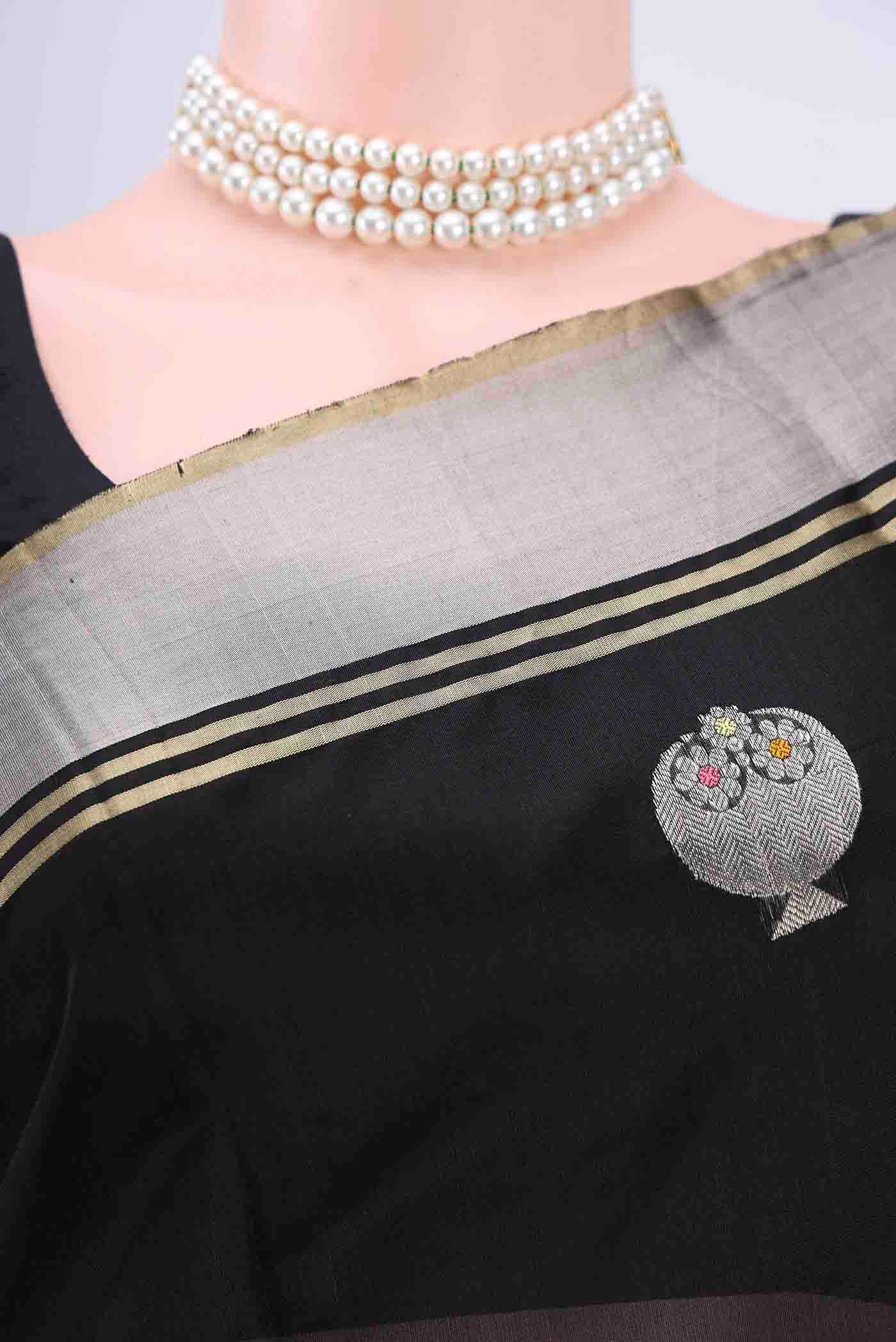 Border image of Black Chanderi Silk Saree with Checked design on the body and Zari Border