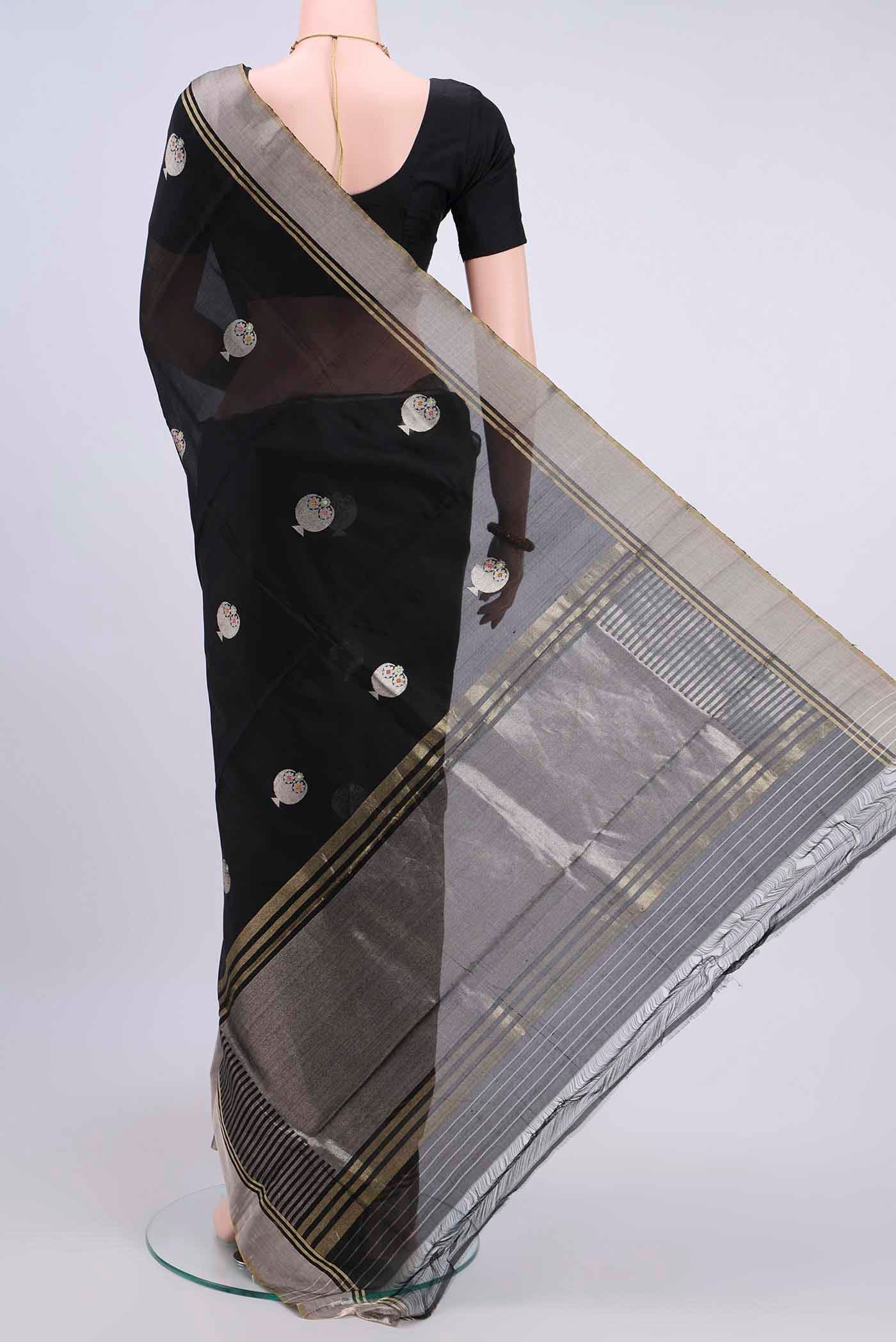 Flat view of Black Chanderi Silk Saree with Checked design on the body and Zari Border