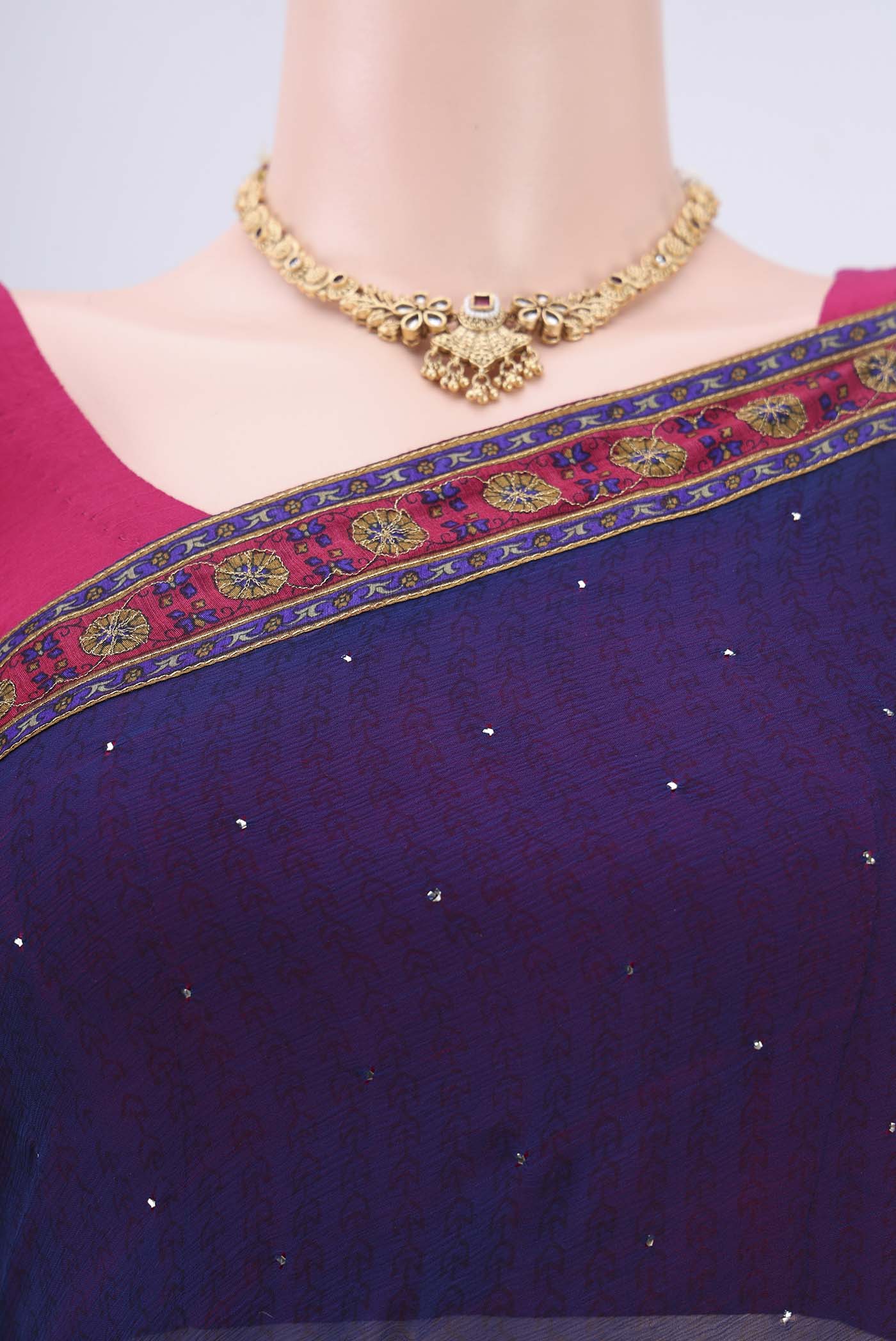Border image of Dark Blue Mysore Chiffon Saree with Fancy on the body and Attached Border. 