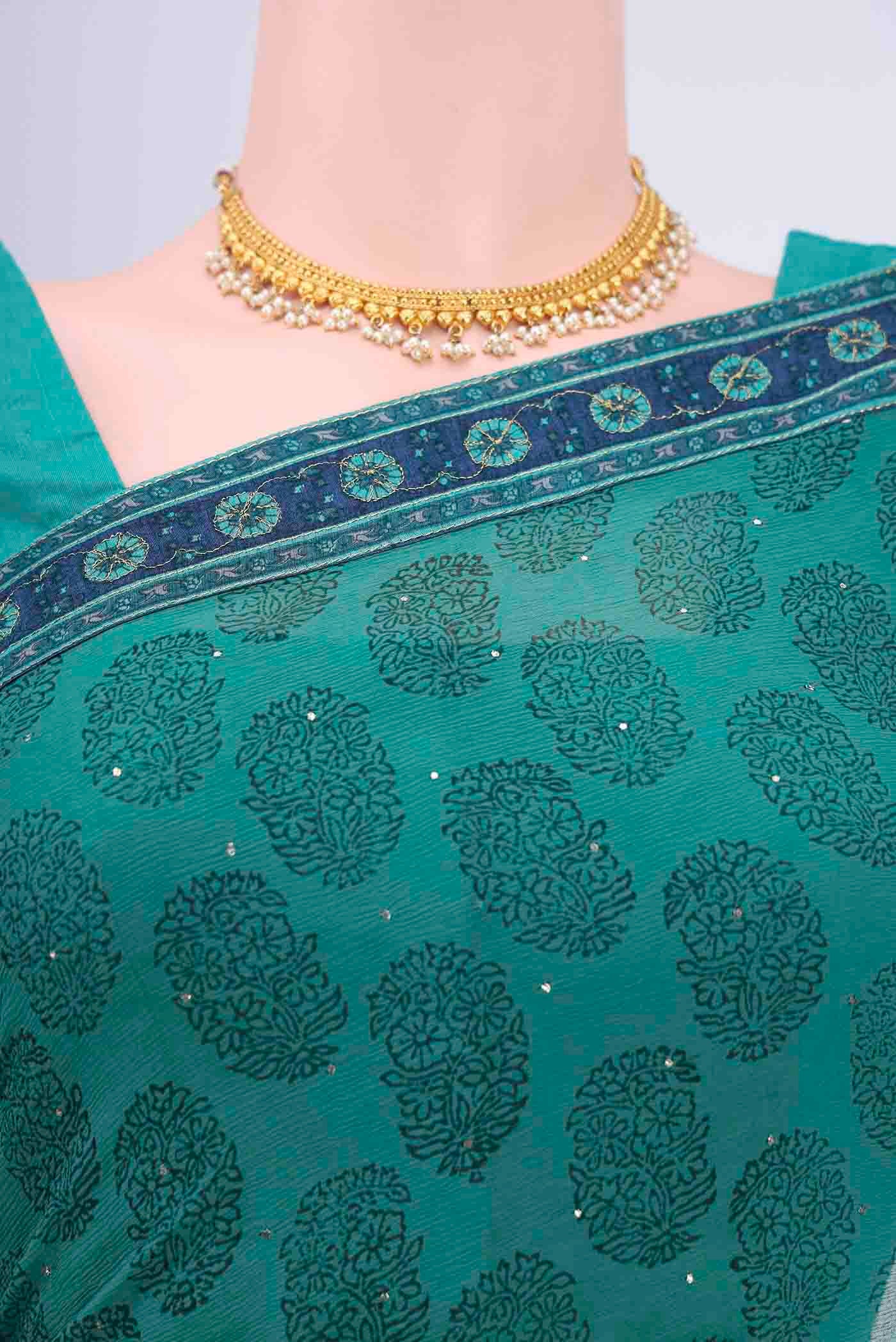 Border image of Sea Green Chiffon Saree with Printed design on the body and Attached Border