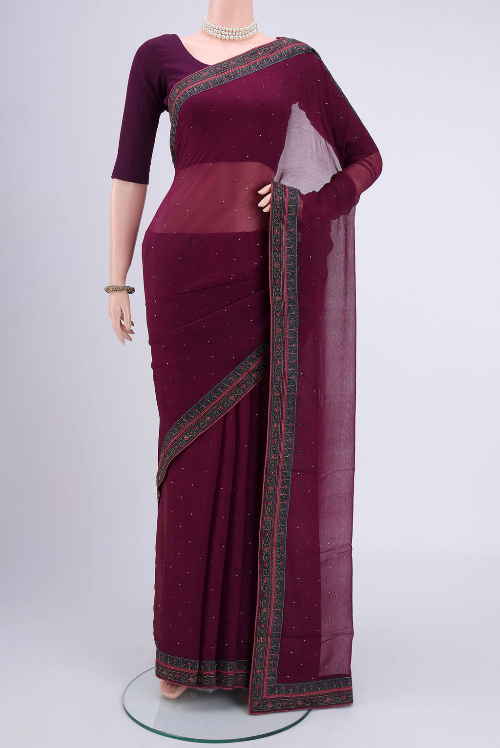 Purple Mysore Chiffon Saree with Embroidery on the body and Embroidery Border.  displayed on a mannequin