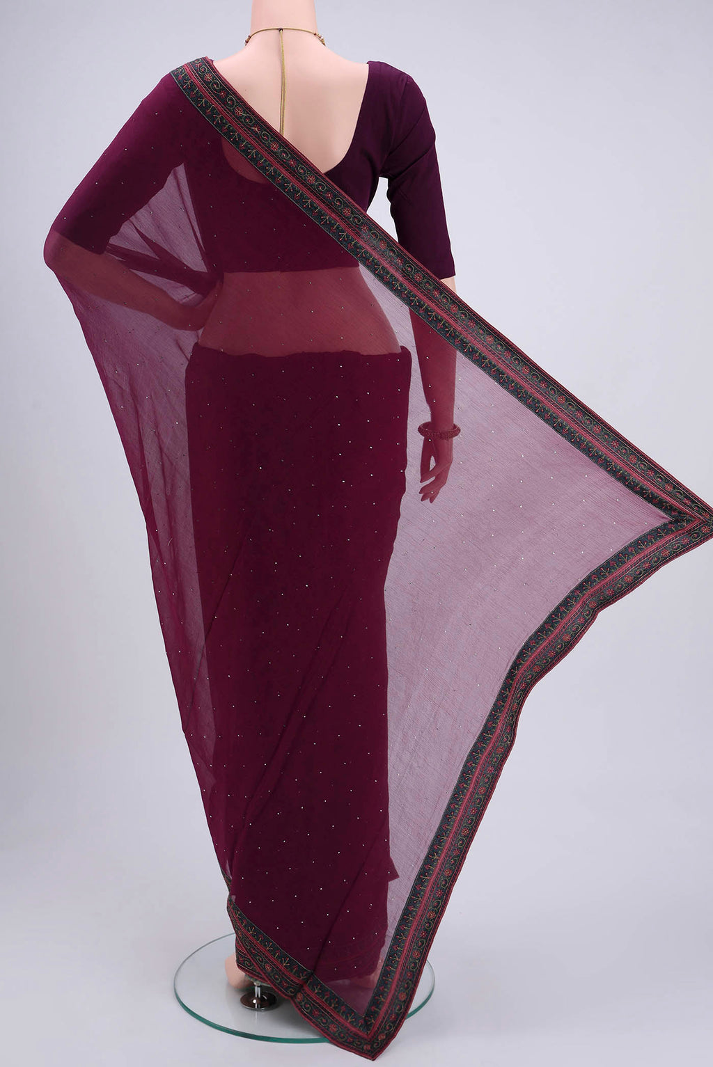 Flat view of Purple Mysore Chiffon Saree with Embroidery on the body and Embroidery Border. 