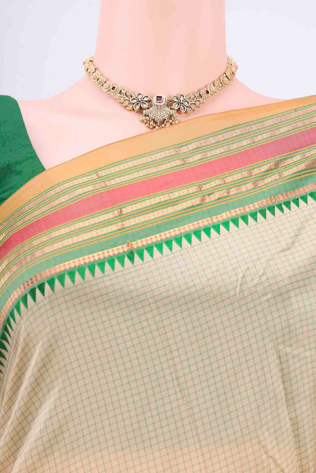 Border image of Beige Narayanpet Silk Saree with Checked design on the body and Zari Border