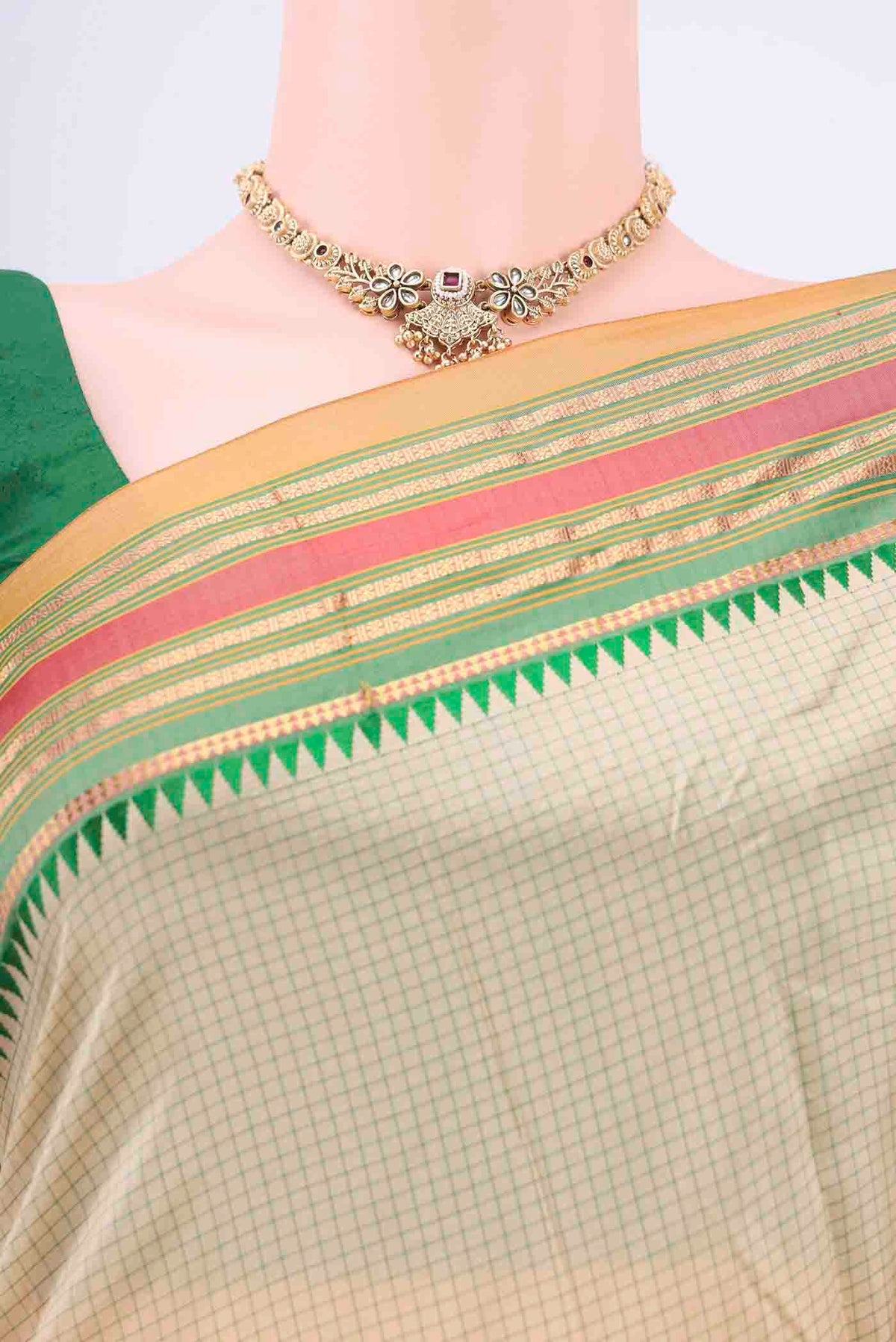 Border image of Beige Narayanpet Silk Saree with Checked design on the body and Zari Border