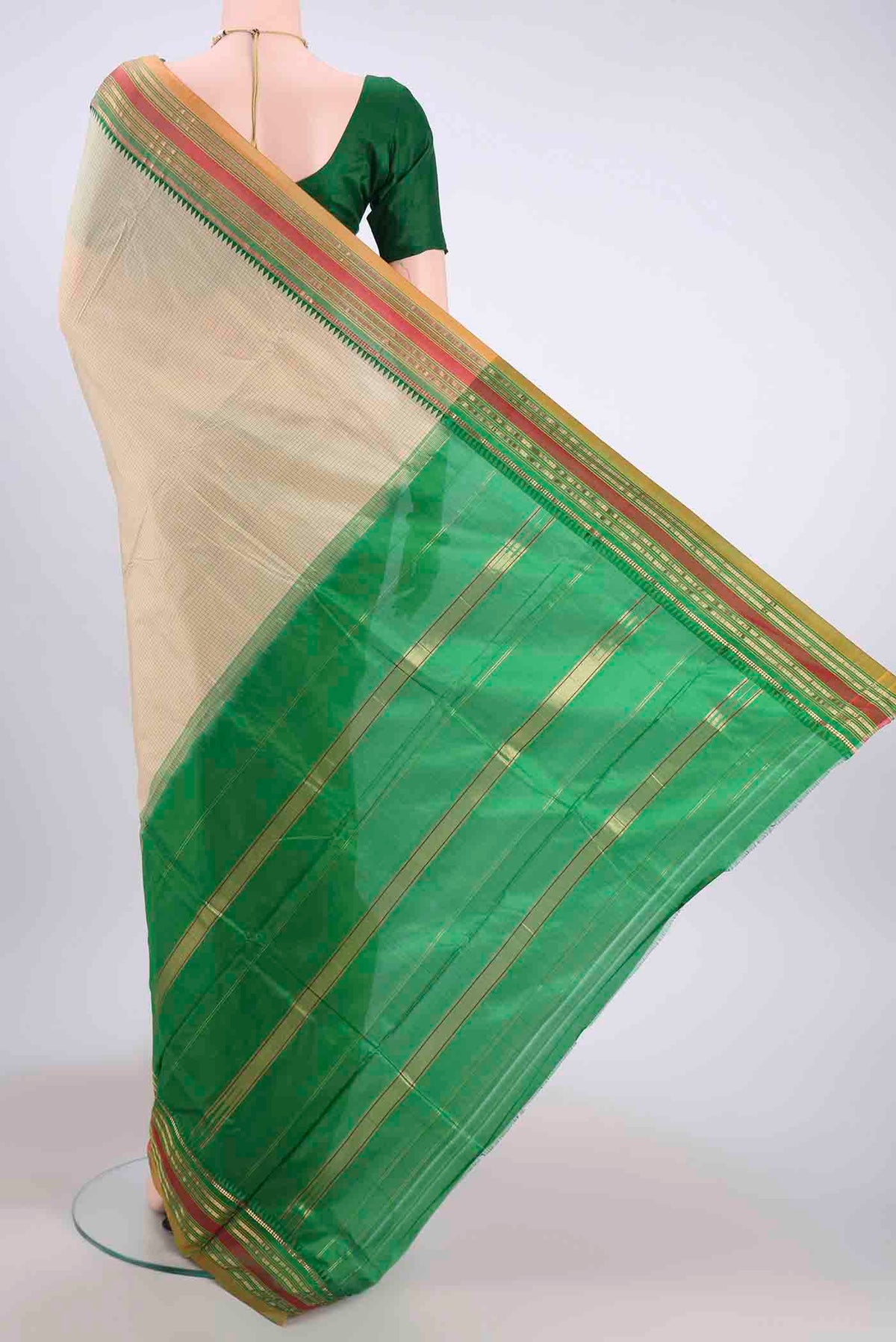 Flat view of Beige Narayanpet Silk Saree with Checked design on the body and Zari Border