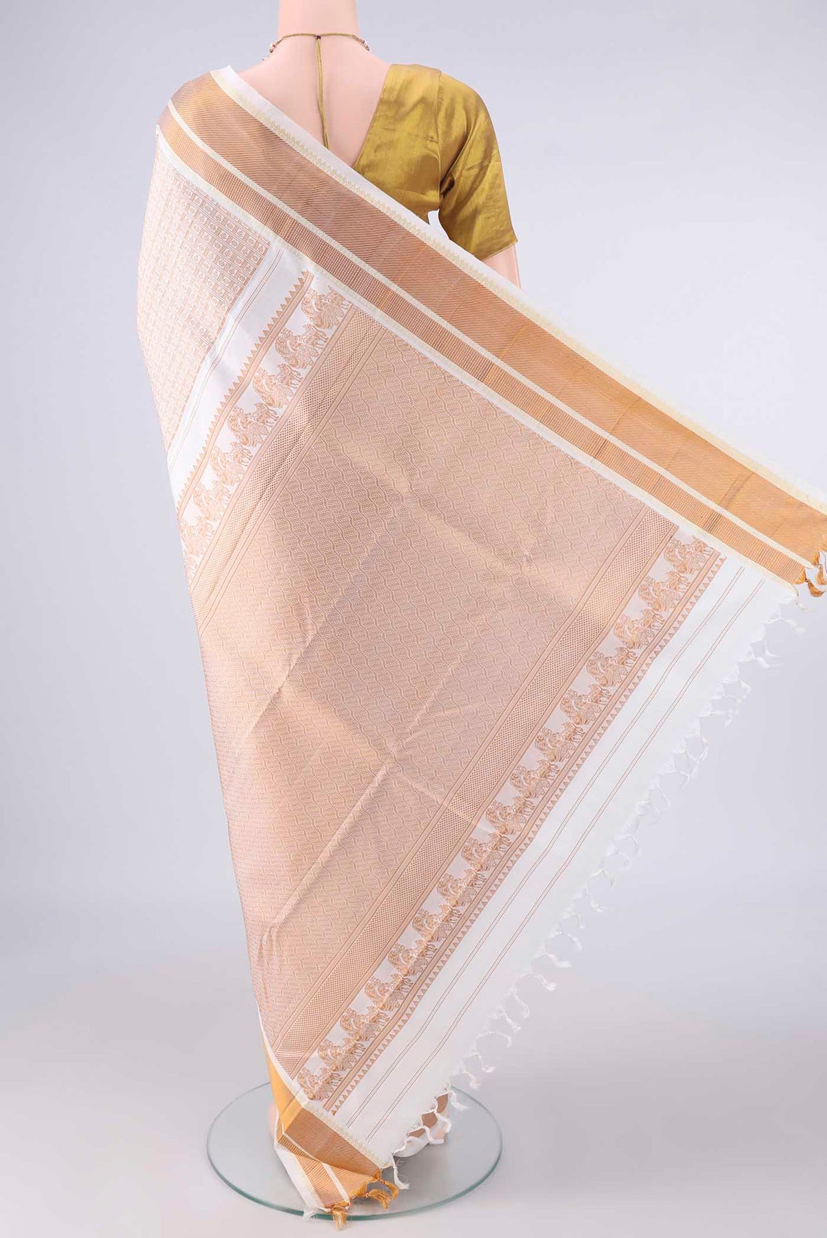 Flat view of Pure Silk Off White Kanjivaram Saree with Thread Brocade on the body and Thread Border. 