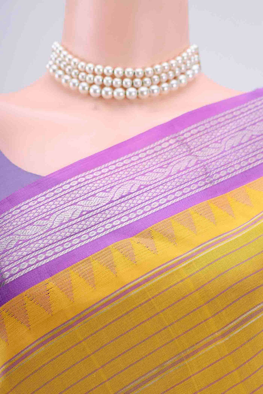 Border image of Lemon Yellow Blended Coimbatore Silk Cotton Saree with Stripes on the body and Zari Border. 