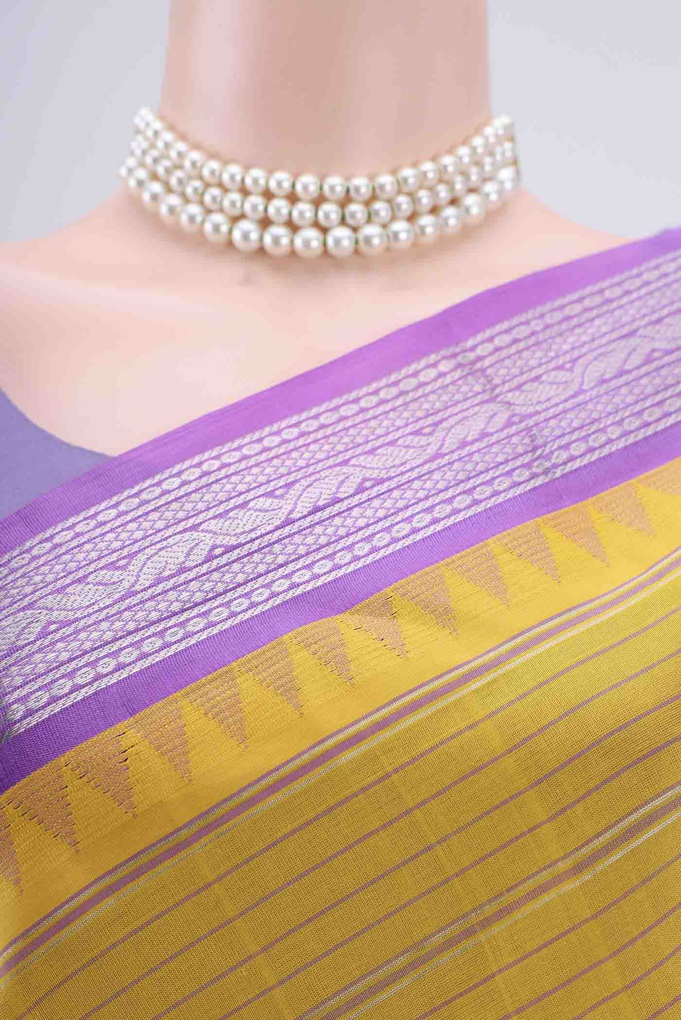 Border image of Lemon Yellow Blended Coimbatore Silk Cotton Saree with Stripes on the body and Zari Border. 