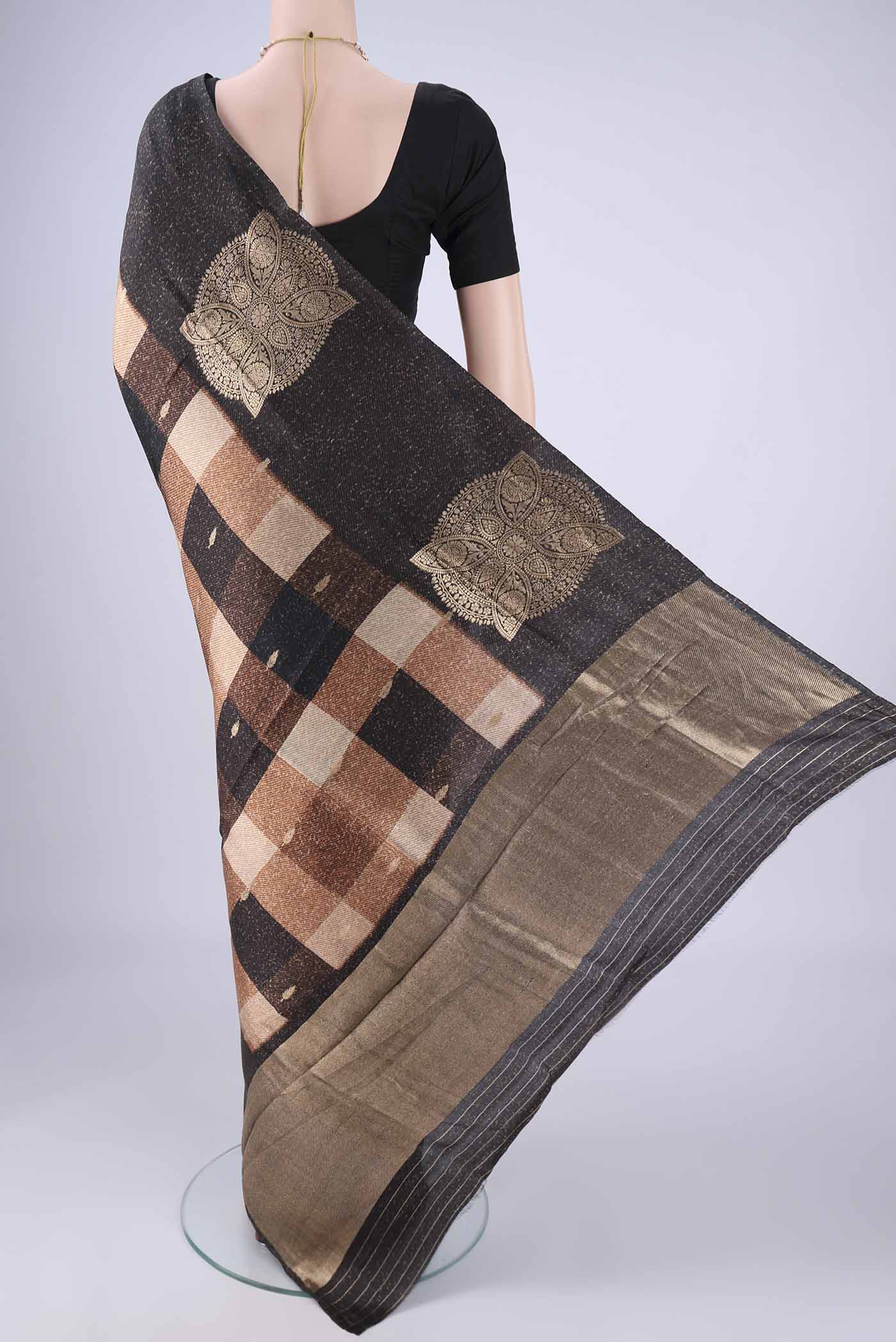 Flat view of Multi Color Banarasi Tussar Georgette Saree with Checked design on the body and Fancy Border. 