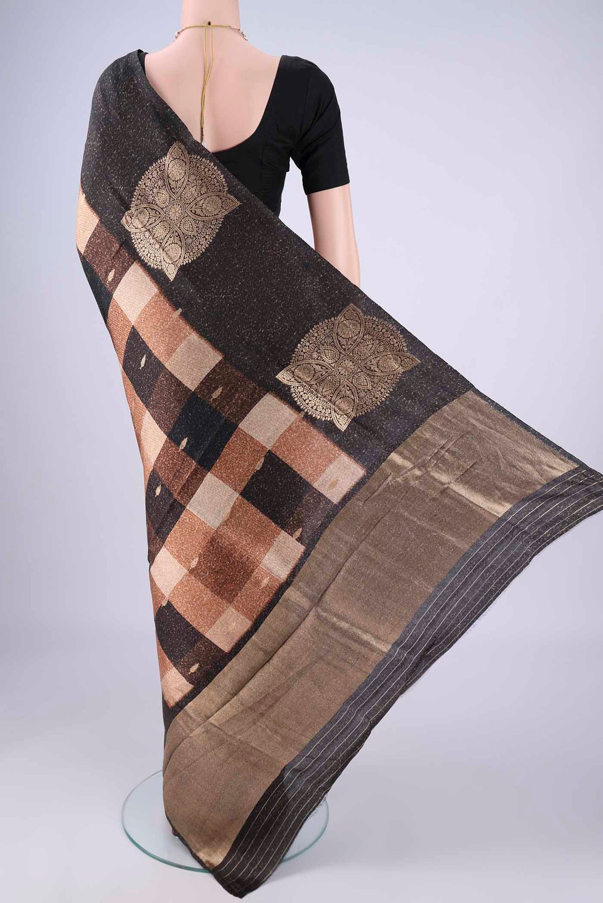 Flat view of Multi Color Banarasi Tussar Georgette Saree with Checked design on the body and Fancy Border. 