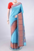Pure Silk Sky Blue Kanjivaram Saree with Plain Body and Thread Border.  displayed on a mannequin