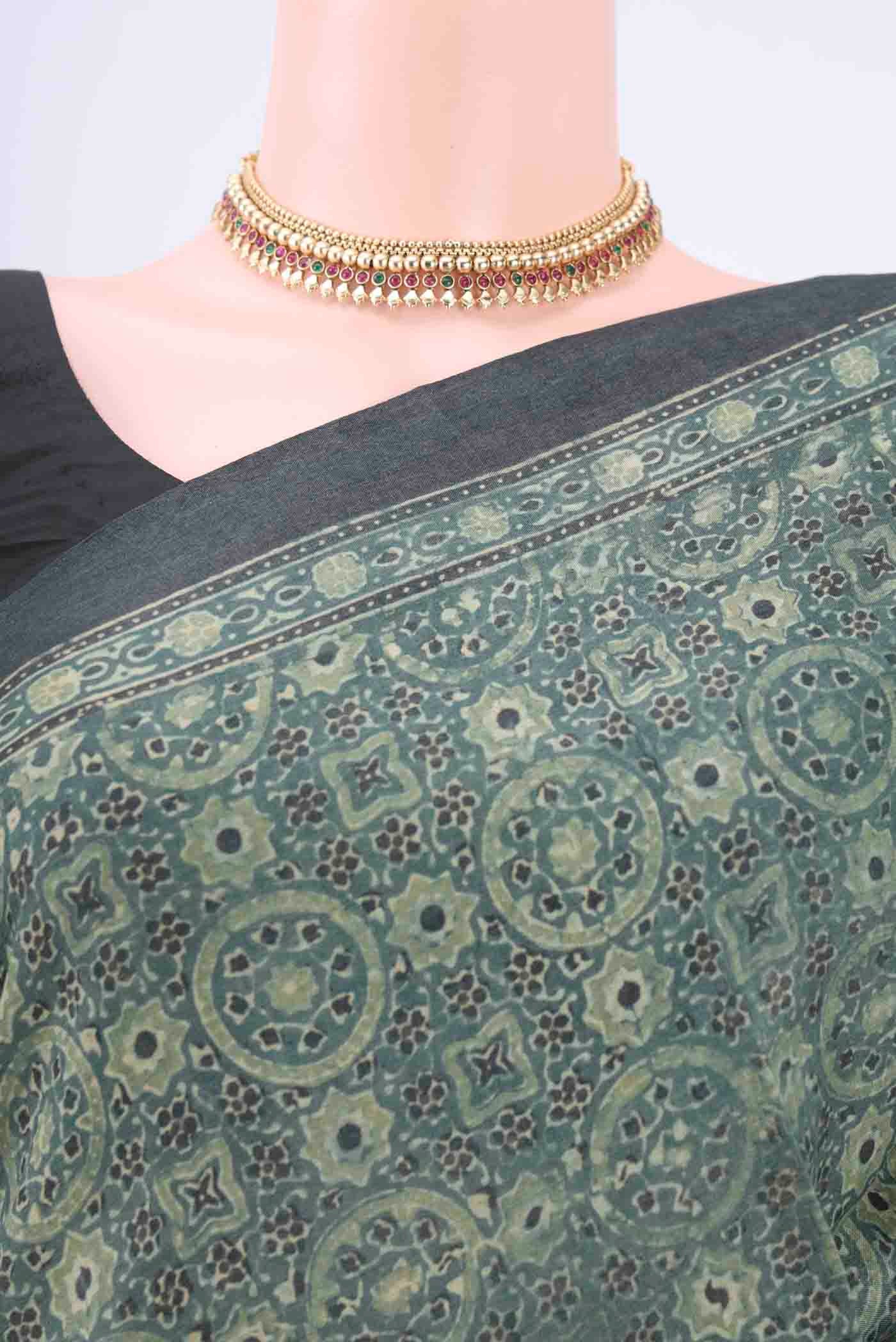 Border image of Light Green Tussar Silk Saree with Ajrakh Print on the body and Printed Border