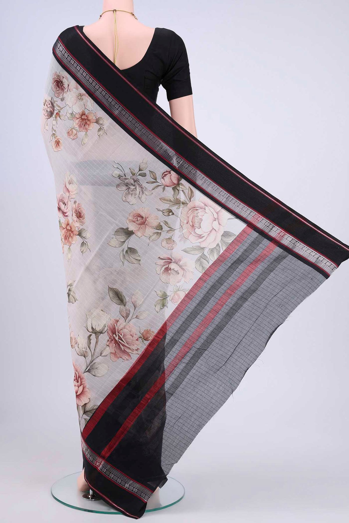 Flat view of Off White Chanderi Silk Saree with Printed design on the body and Zari Border
